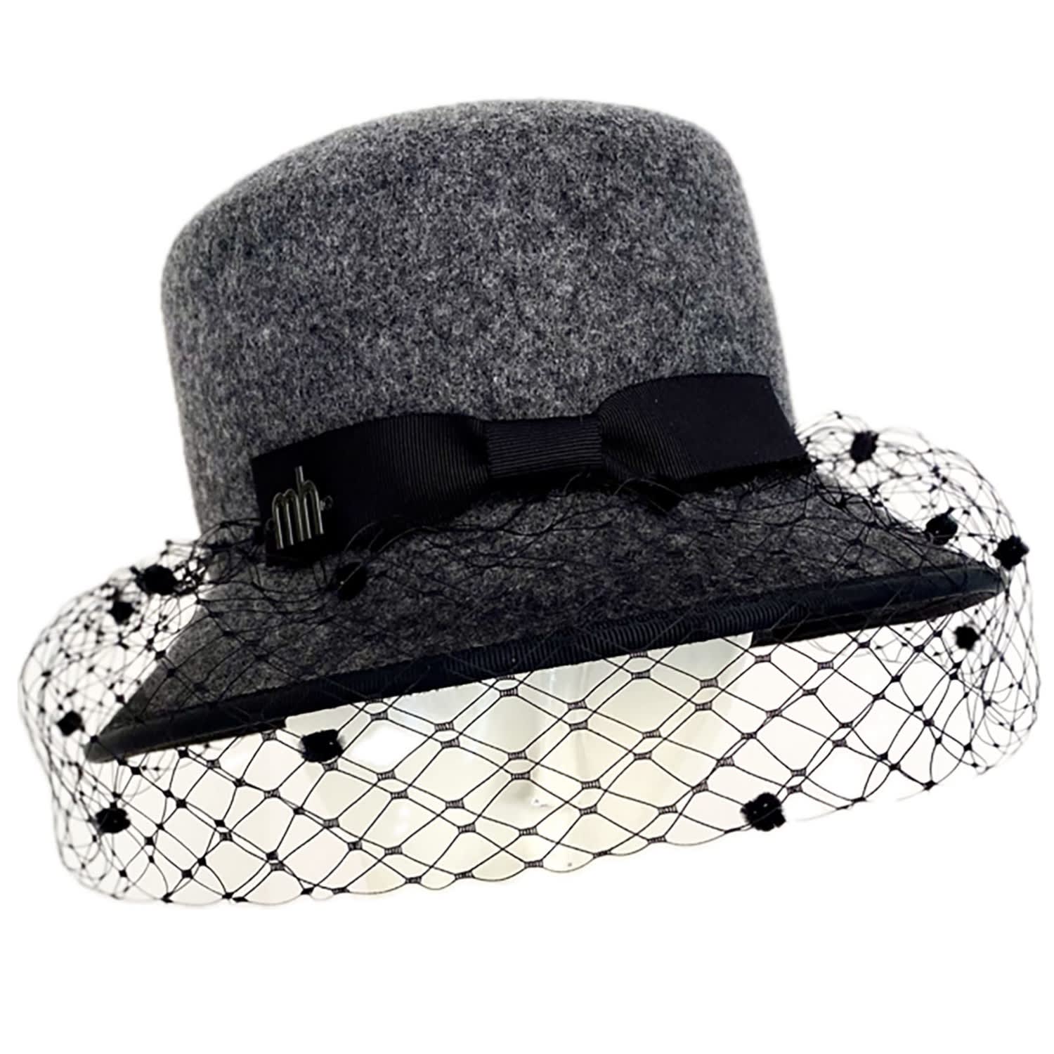Misa Harada Millinery Women's Grey Lucille Veiled Bucket Hat In Greige Wool In Black