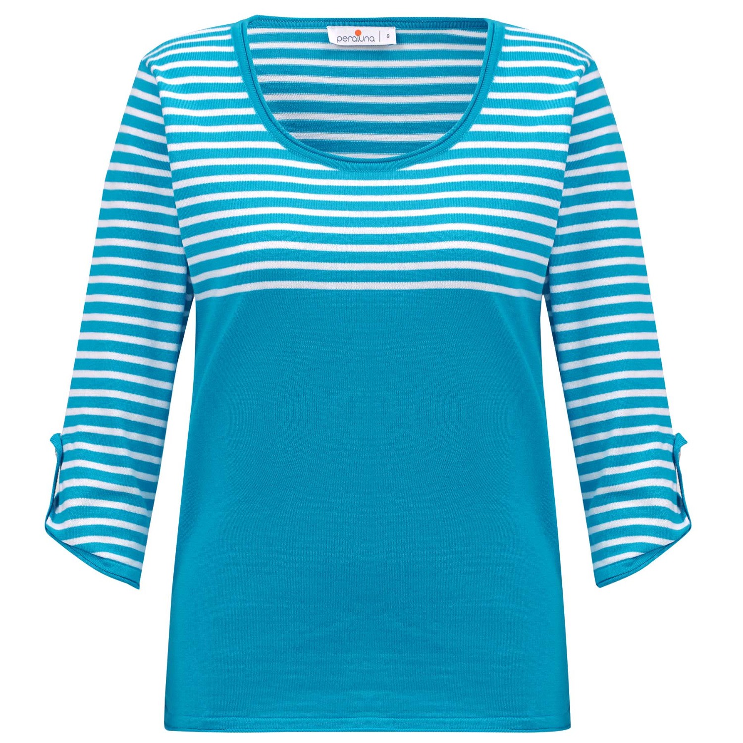 Women’s Sailor Striped Knitwear 3/4 Sleeve Pullover - Turquoise/White Small Peraluna