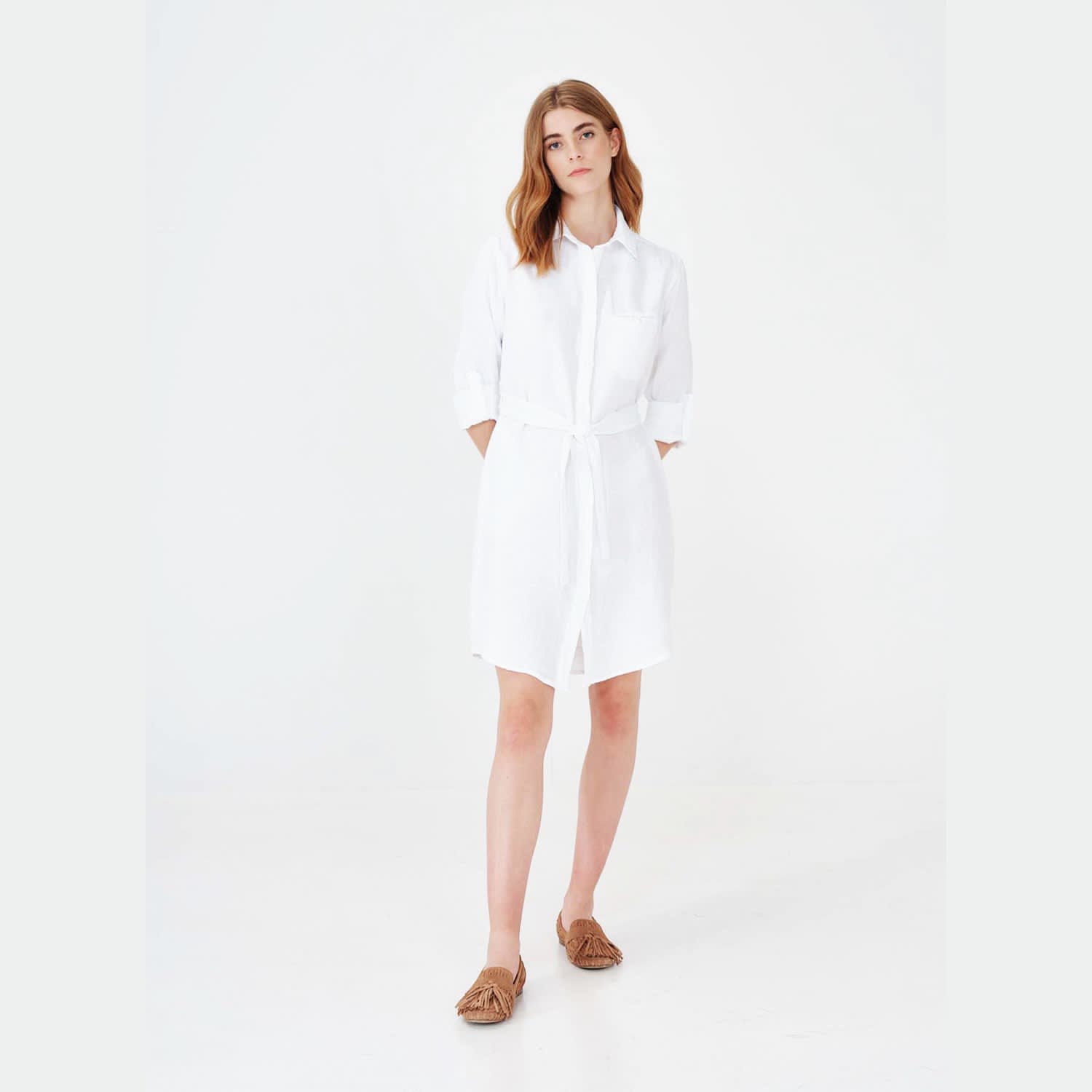 Midi Length Linen Jacket Dress White Haris Cotton Wolf Badger