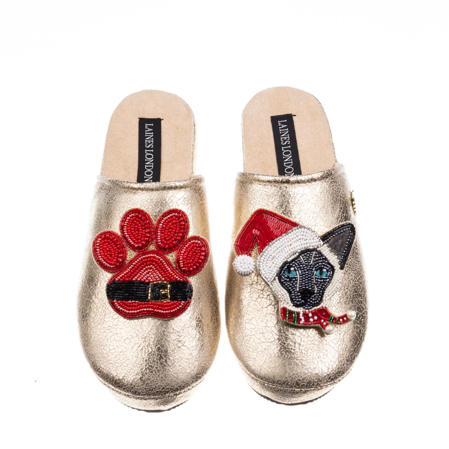 Laines London Women's Gold Softie Slippers With Christmas Black & White Siamese Cat & Paw Brooches In Gold