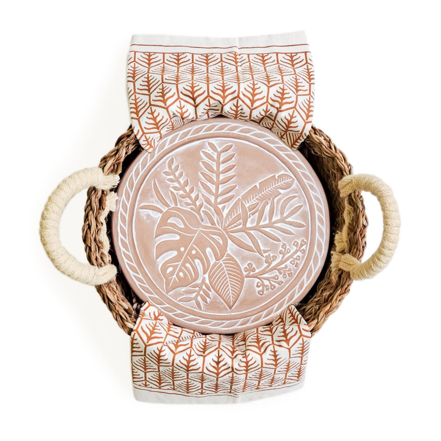 Korissa Brown / Neutrals Bread Warmer & Basket Gift Set With Light Brown Tea Towel - Plant Round
