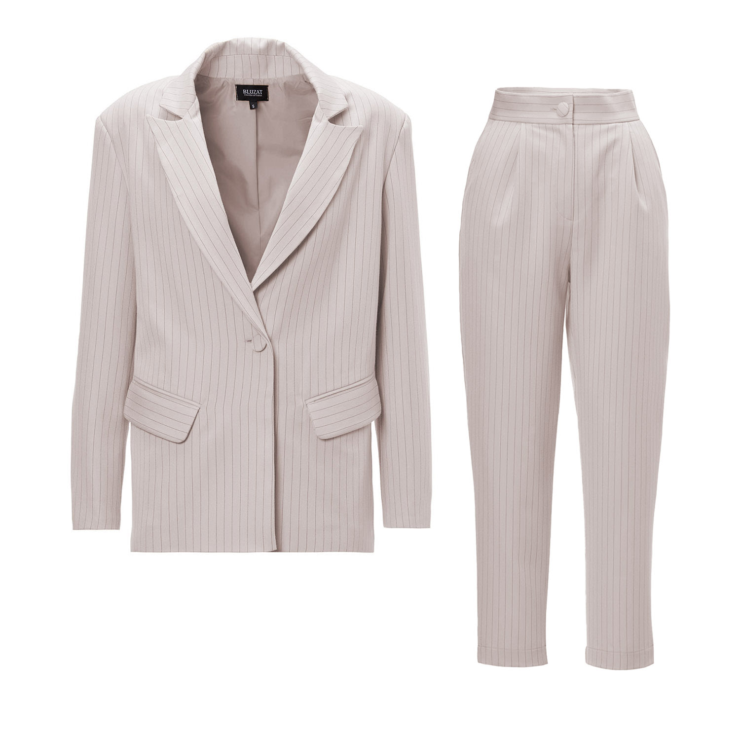 Neutrals Beige Pinstripe Suit With Regular Blazer And Cropped Trousers Medium Bluzat