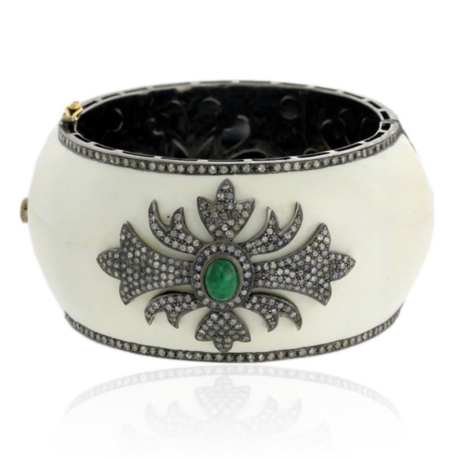 Women’s Gold / Green / White Natural Diamond & Emerald 18K Gold With 925 Silver Enamel Vintage Look Bangle Artisan