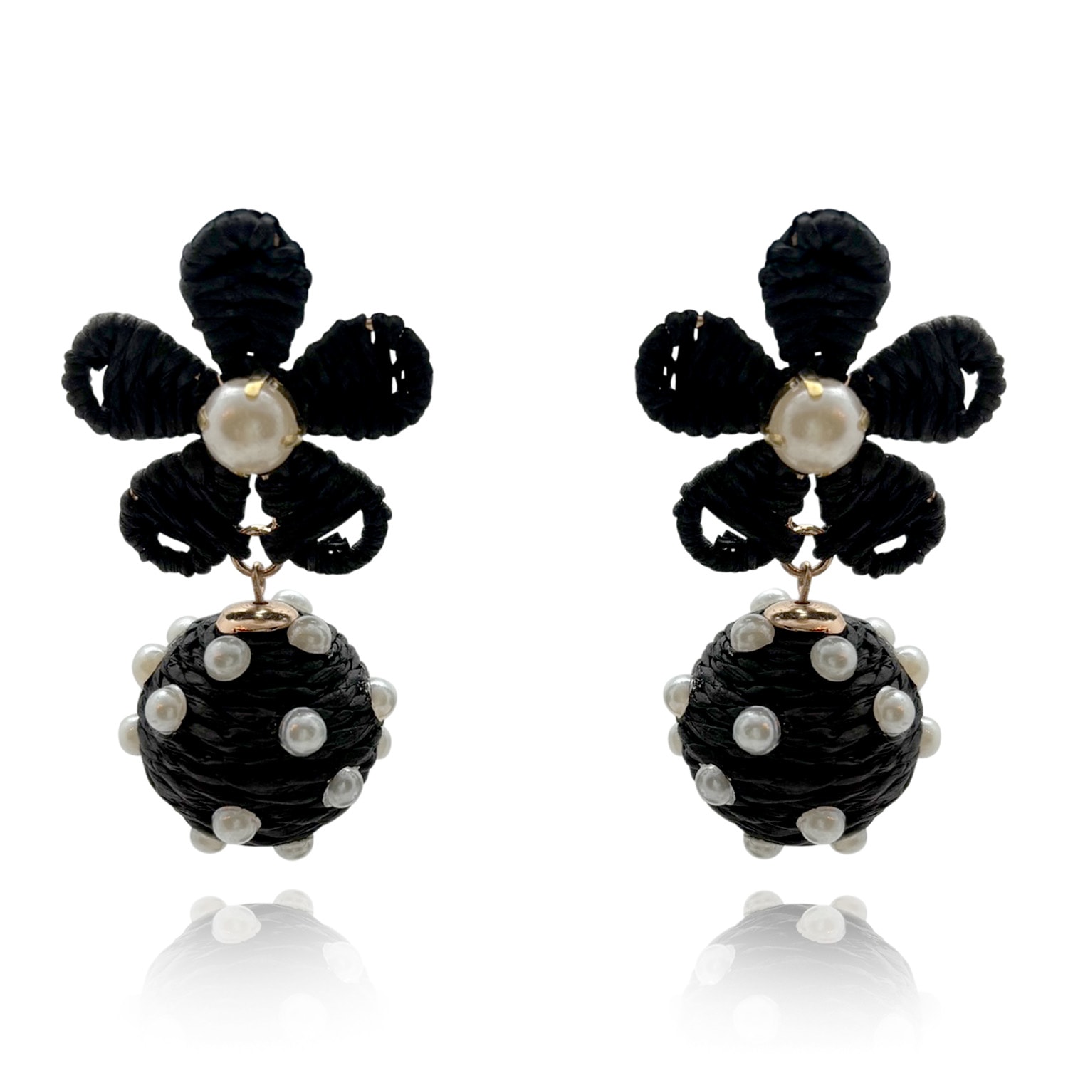 Women’s Black / White Black Rattan Floral Earrings With Pearl Studded Drops Michael Nash Jewelry