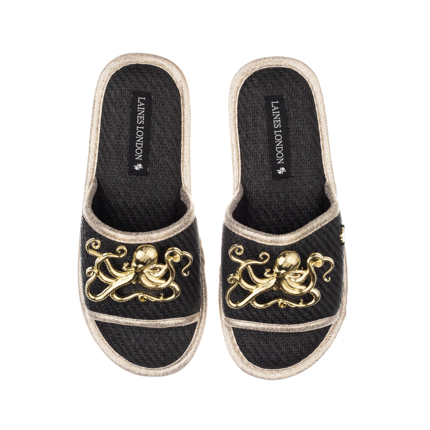 Women’s Straw Braided Sandals With Gold Metal Octopus Brooches - Black Small Laines London