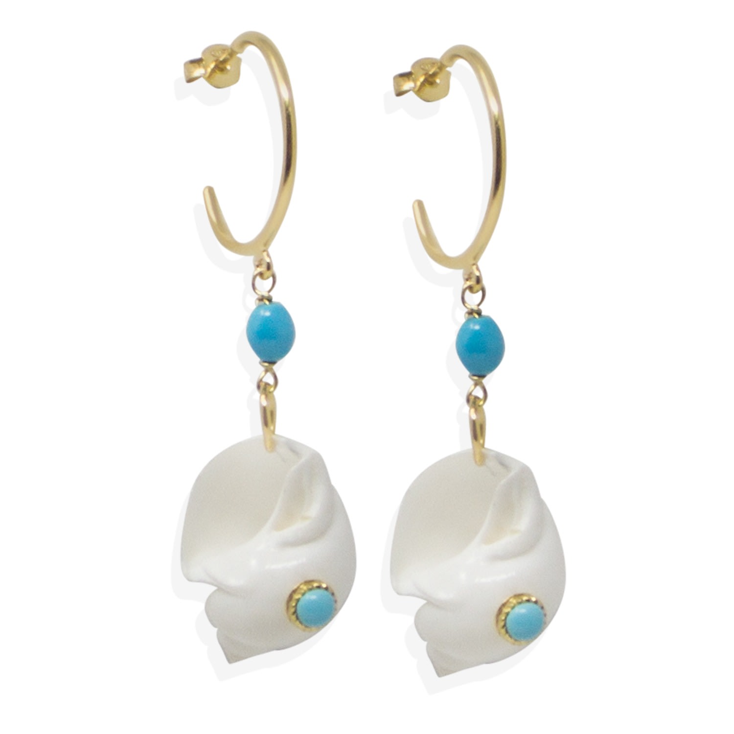 Vintouch Italy Women's White Nassau Shell & Turquoise Hoop Earrings
