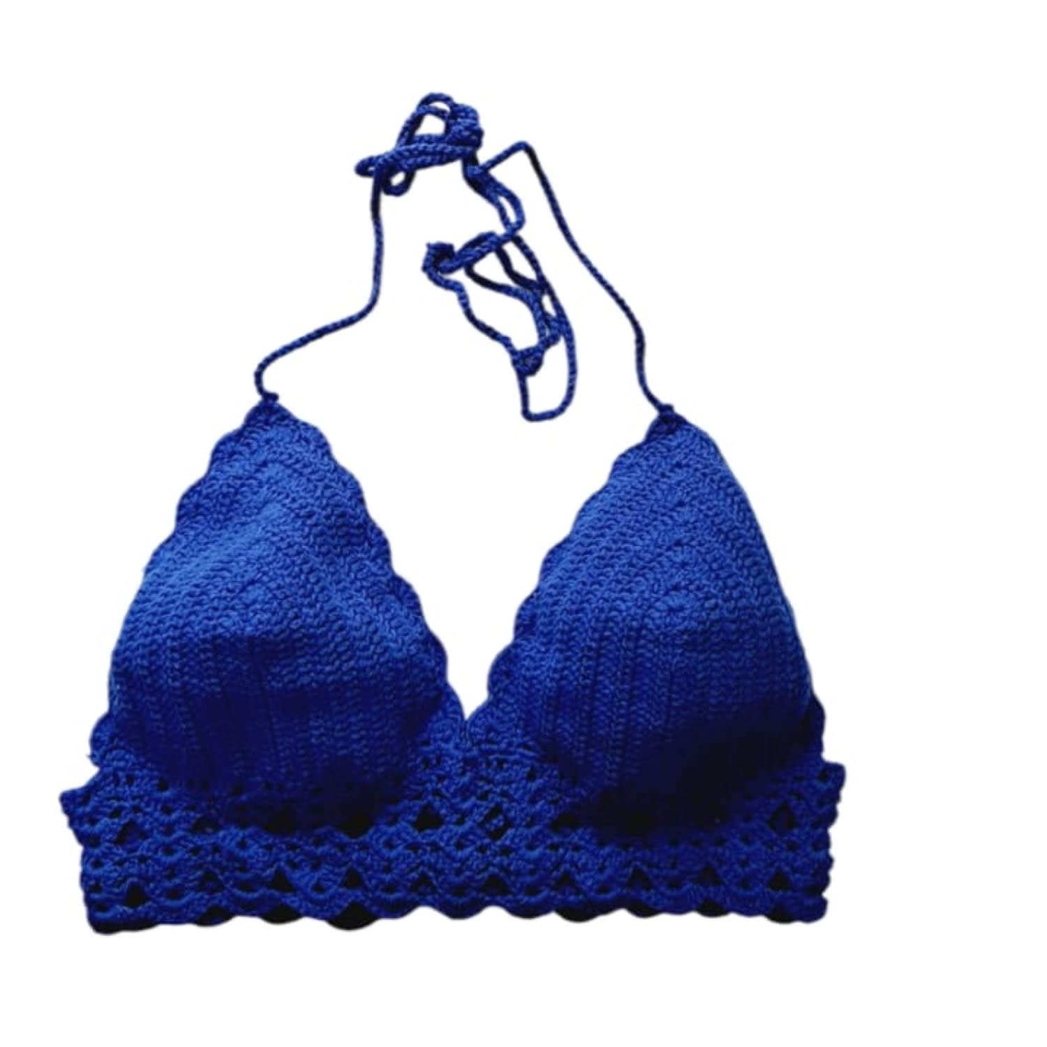 Springmoonatelier Women's Handmade Crochet Crop Top Deep Blue Motif Adjustable