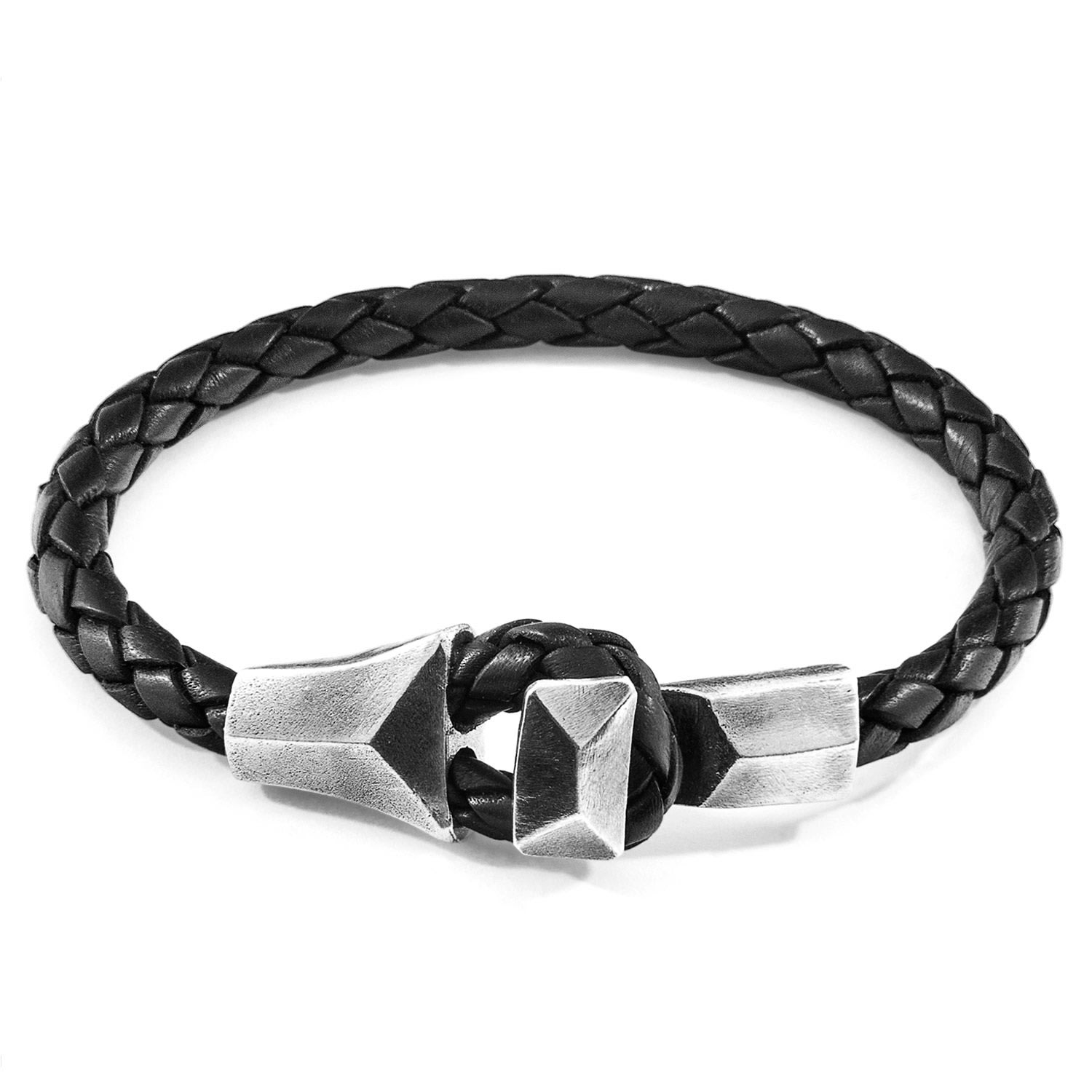 Men’s Midnight Black Alderney Silver & Braided Leather Bracelet Anchor & Crew