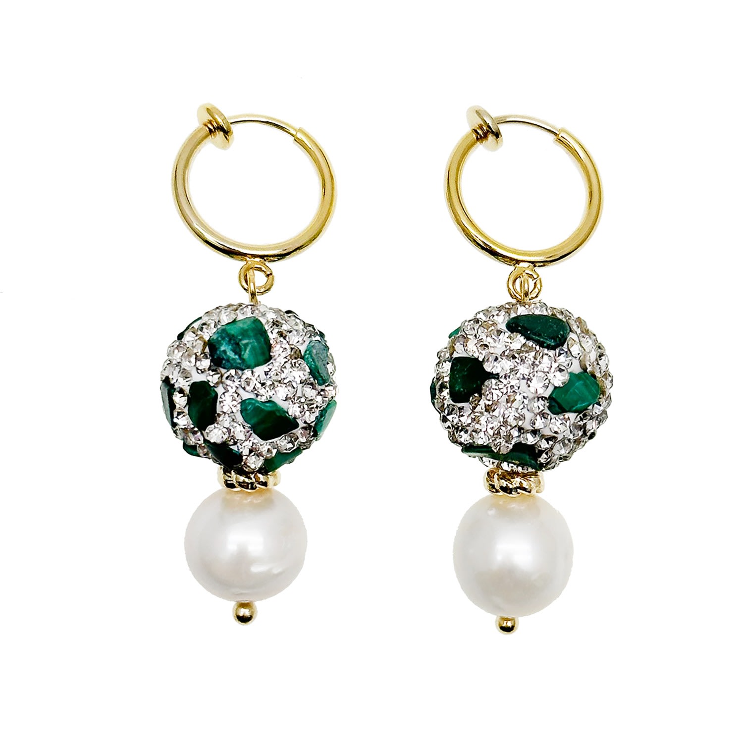 Women’s White Rhinestones With Malachite & Freshwater Pearls Dangle Earrings Farra