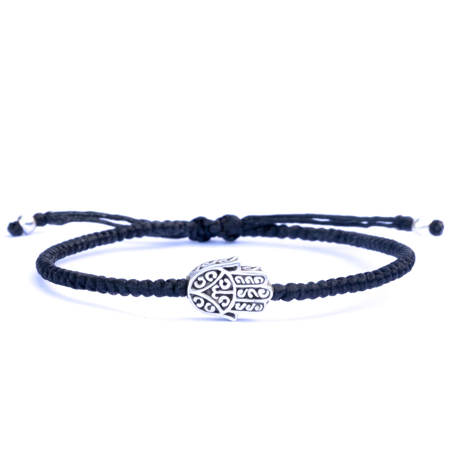 Mens Sterling Silver & Black Rope Hamsa Bracelet - Black Harbour Uk Bracelets