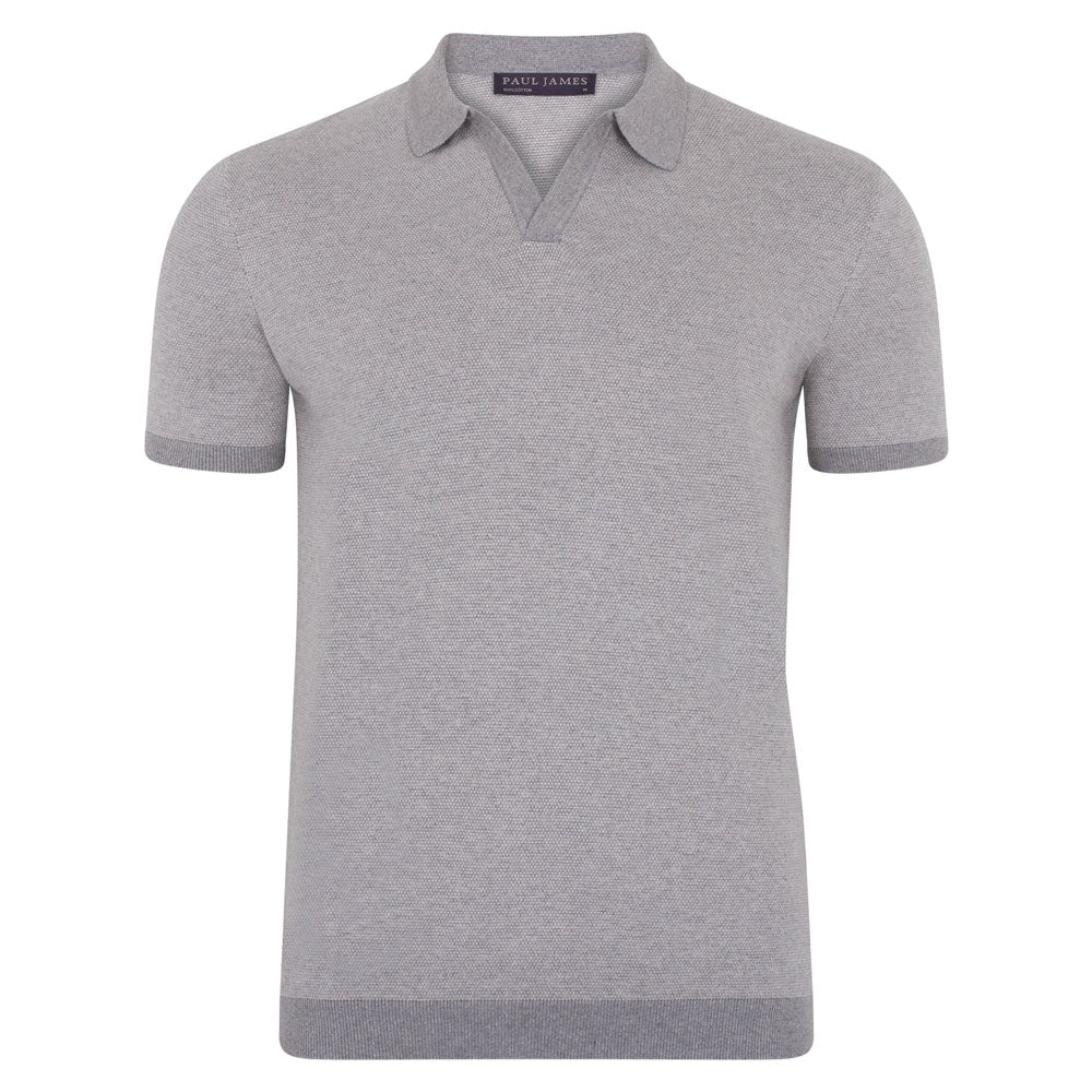 Paul James Knitwear Mens Lightweight Cotton Giovanni Honeycomb Buttonless Polo Shirt - Ash Grey In Grey