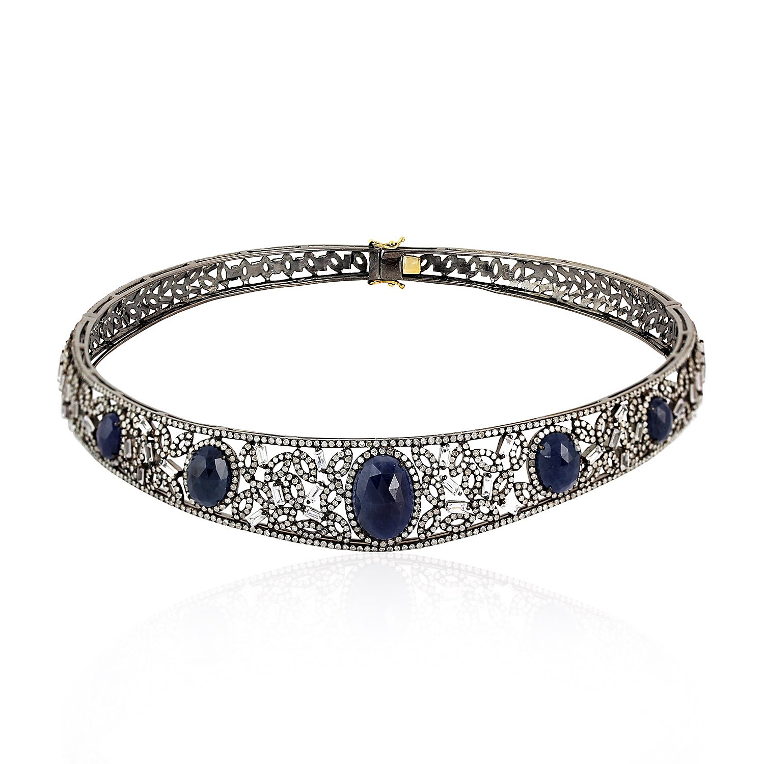 Artisan Women's White / Blue / Silver 925 Sterling Silver & 18k Gold Blue Sapphire Diamond Choker Necklace H In Gray