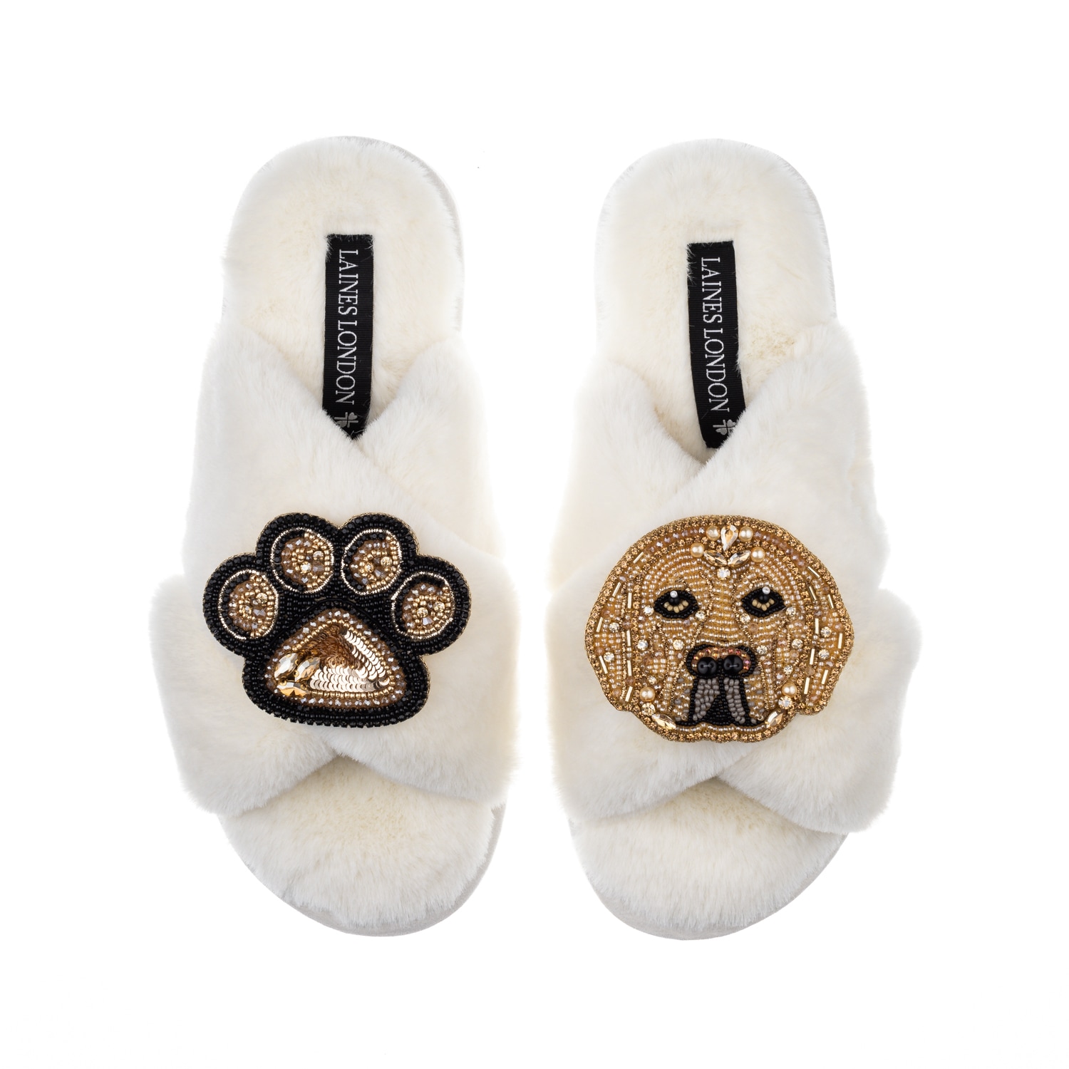 Laines London Women's White Classic Laines Slippers With Skip & Paw Brooches - Cream In Neutral