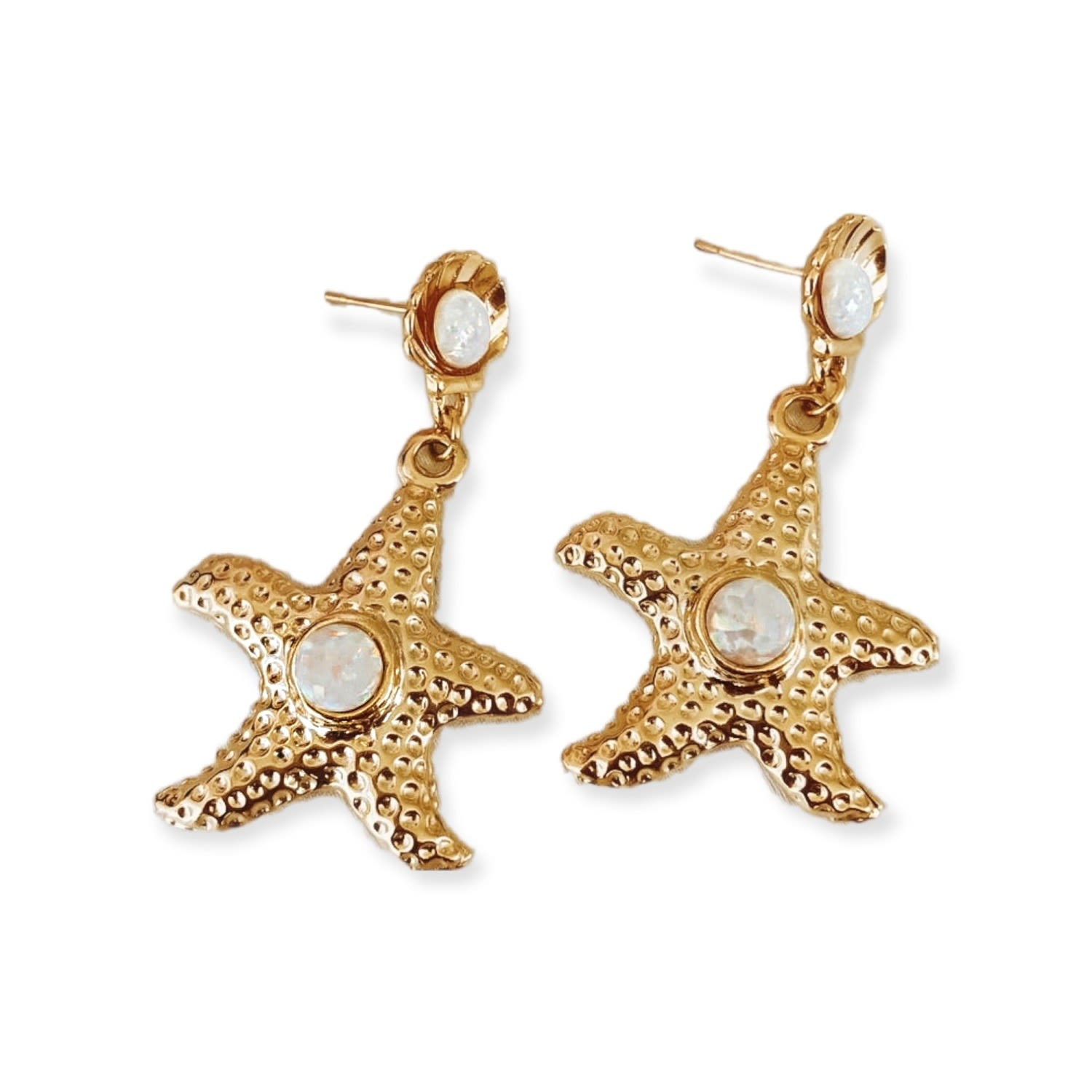 Women’s White / Gold Elusive Shell & Starfish White Opal Gold Earrings Eunoia Jewels