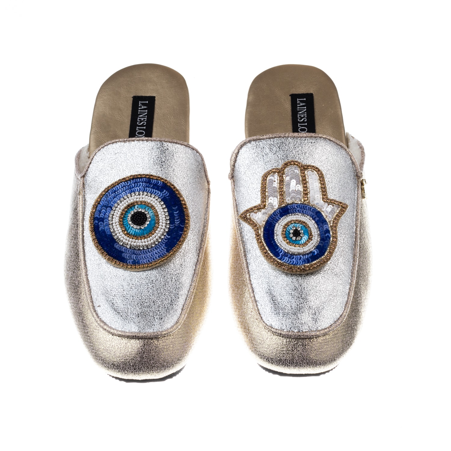 Laines London Women's Gold / Silver Classic Mules With Evil Eye & Hamsa Brooches - Silver & Gold In Gold/silver