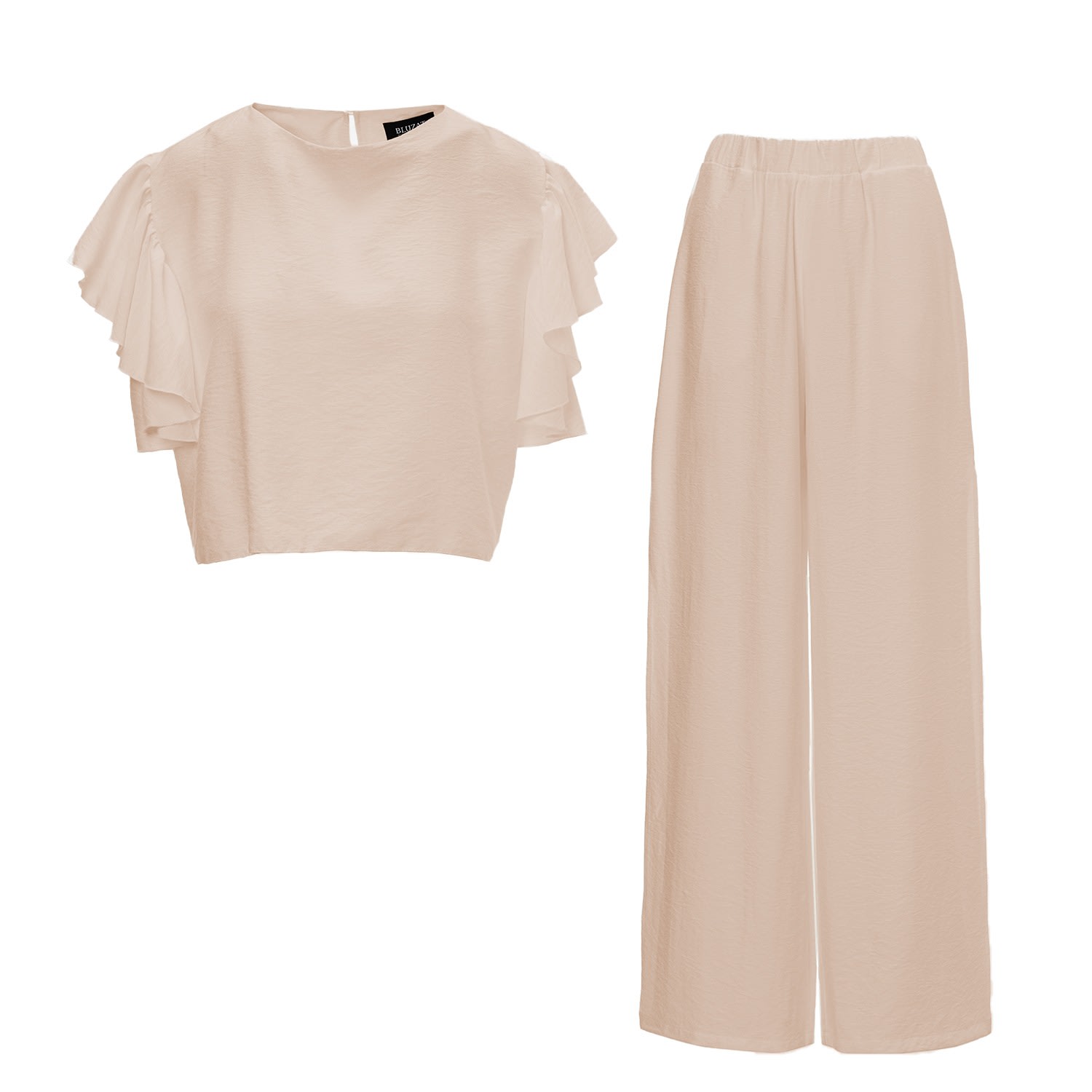Bluzat Neutrals Beige Set With Ruffled T-shirt And Trousers With Slits In Beige