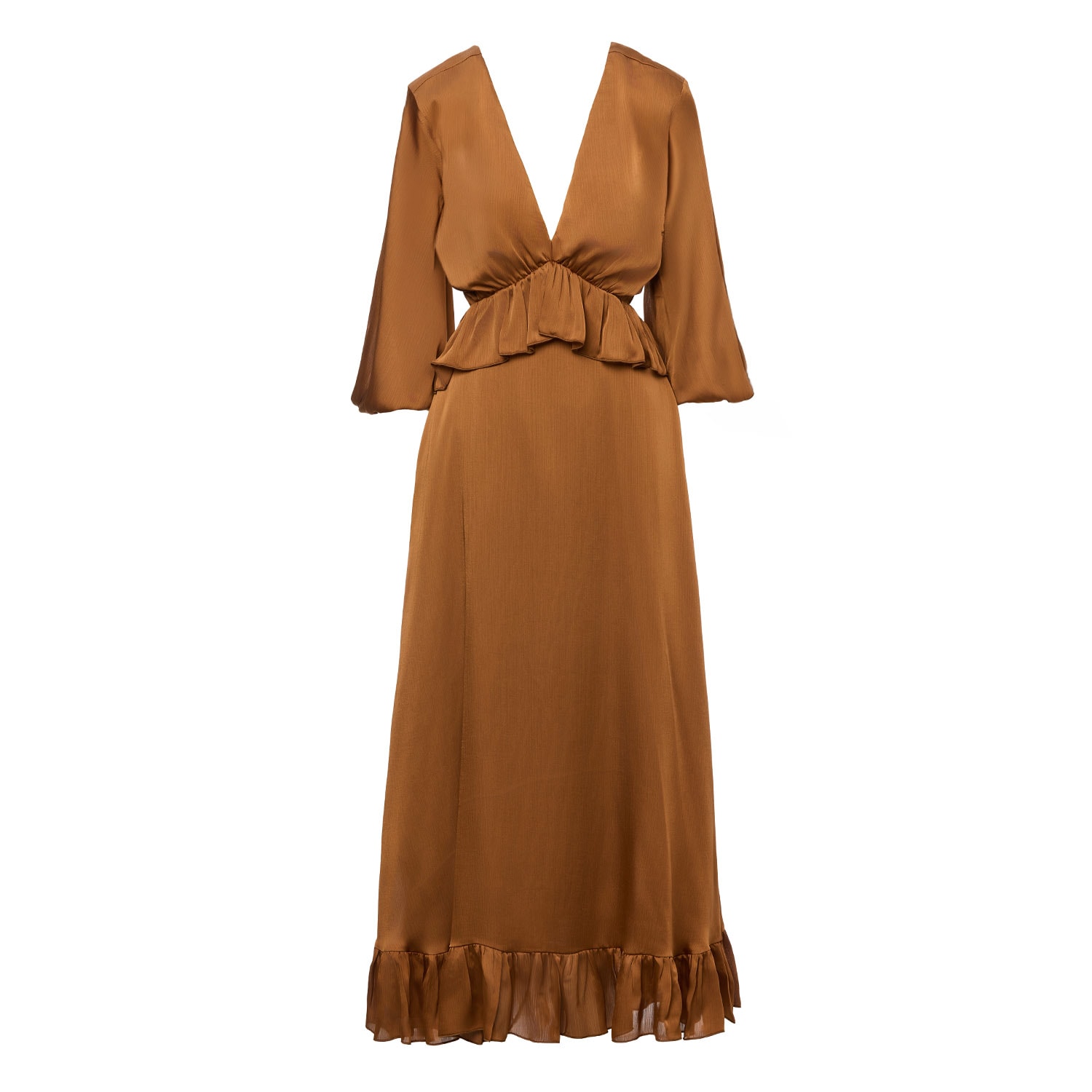 Bluzat Women's Brown Bronze Midi Dress With V-neckline And Ruffles In Brown