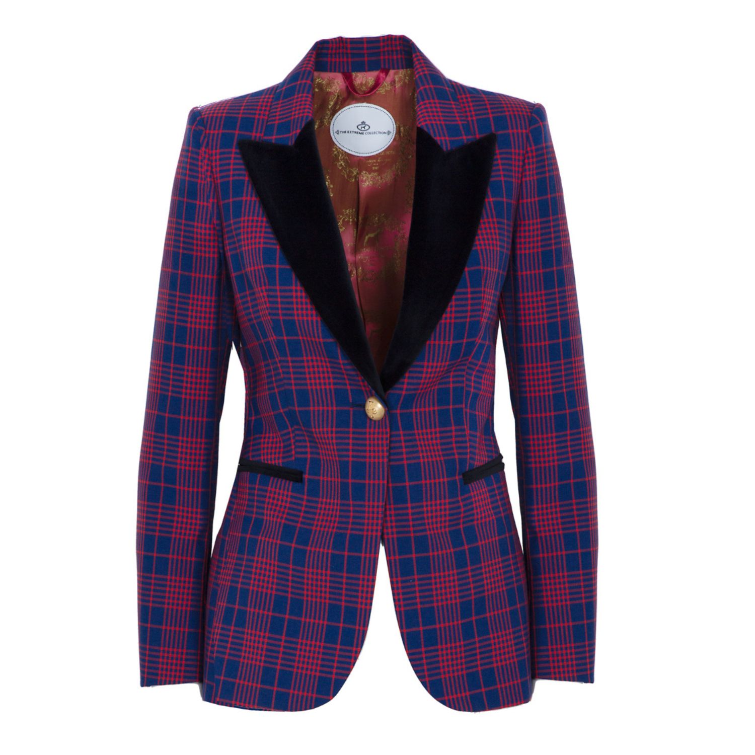 Women’s Blue Plaid Wool Single Breasted Blazer With Velvet Flaps And Golden Buttons Cameron Xxs The Extreme Collection