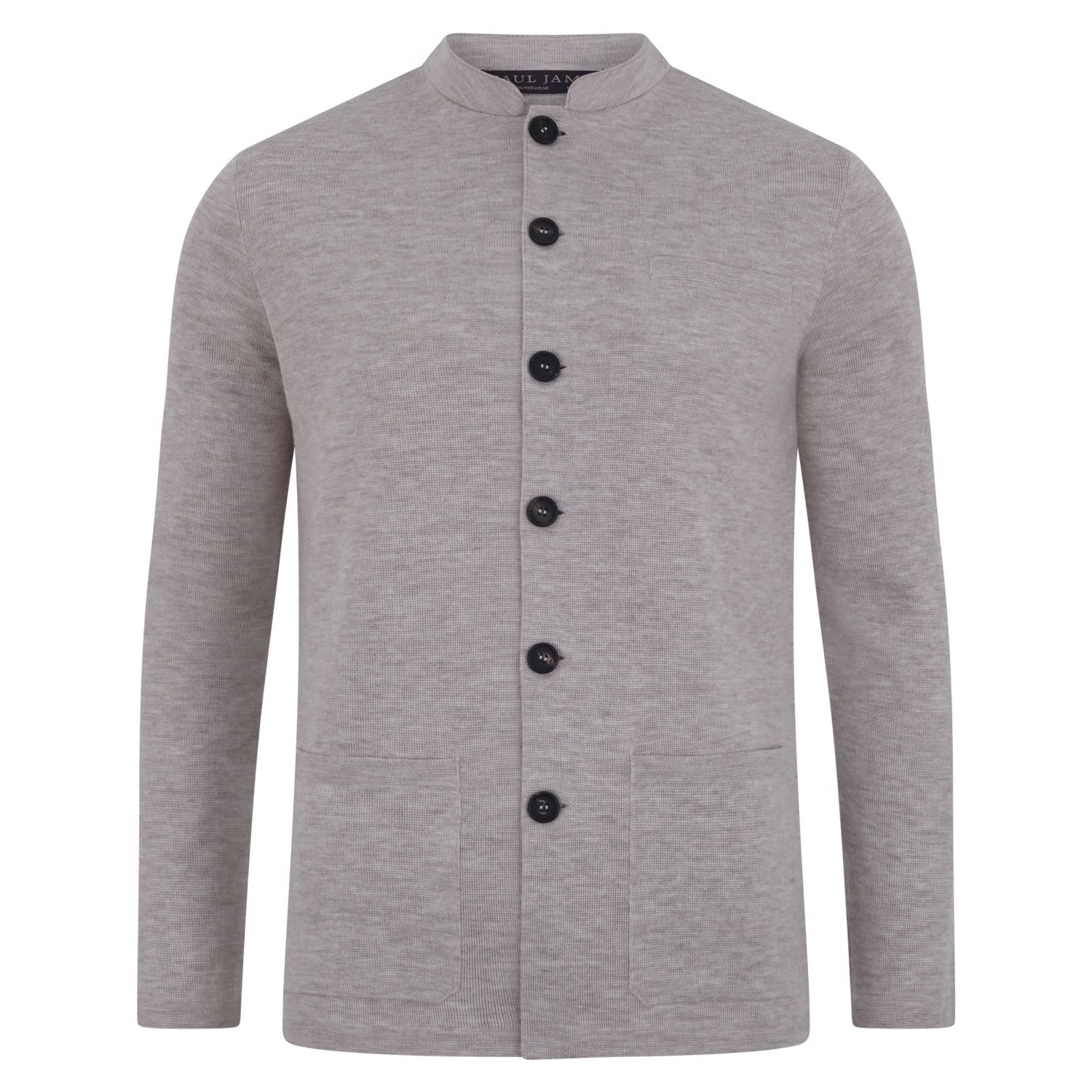 Paul James Knitwear Grey / Neutrals Mens Extra Fine Merino Wool Alonzo Knitted Nehru Jacket - Stoney