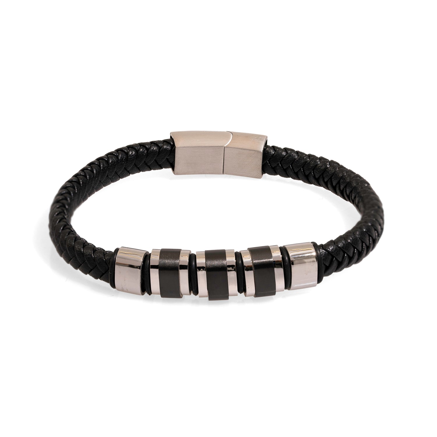 Ebru Jewelry Black / Silver Men's Fashion Style Black Leather & Silver Bracelet - Silver