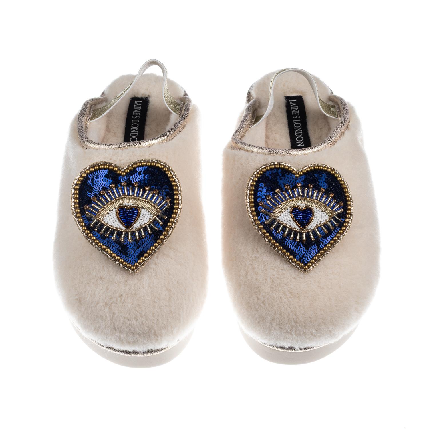 Laines London Women's Neutrals / Gold / White Flatform Cloud Slippers With Double Blue Heart Eye Brooches - Cream