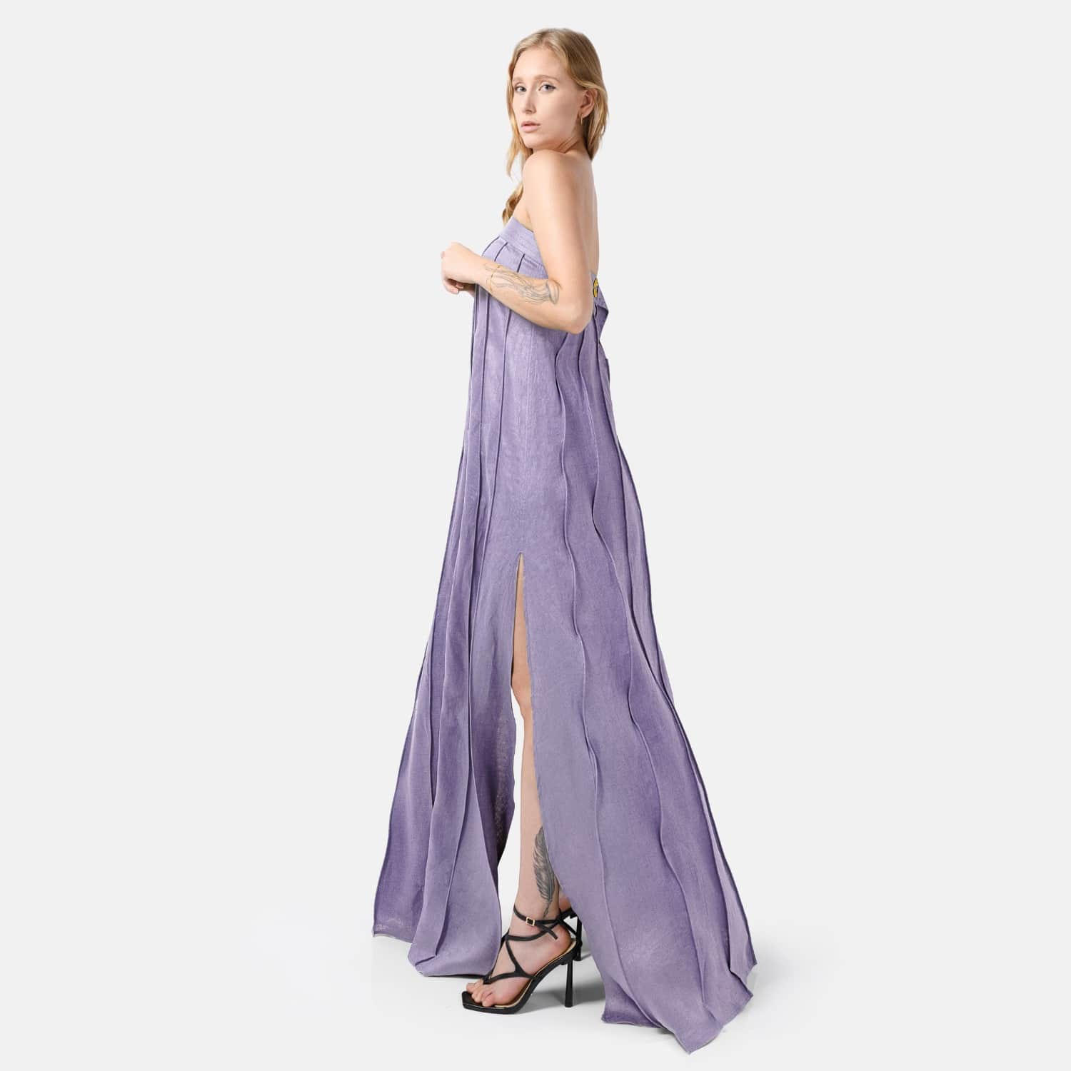 Lilac Purple Linen Maxi Dress  Designer Strapless Gown With Pleated Detail  | Kargede | Wolf & Badger