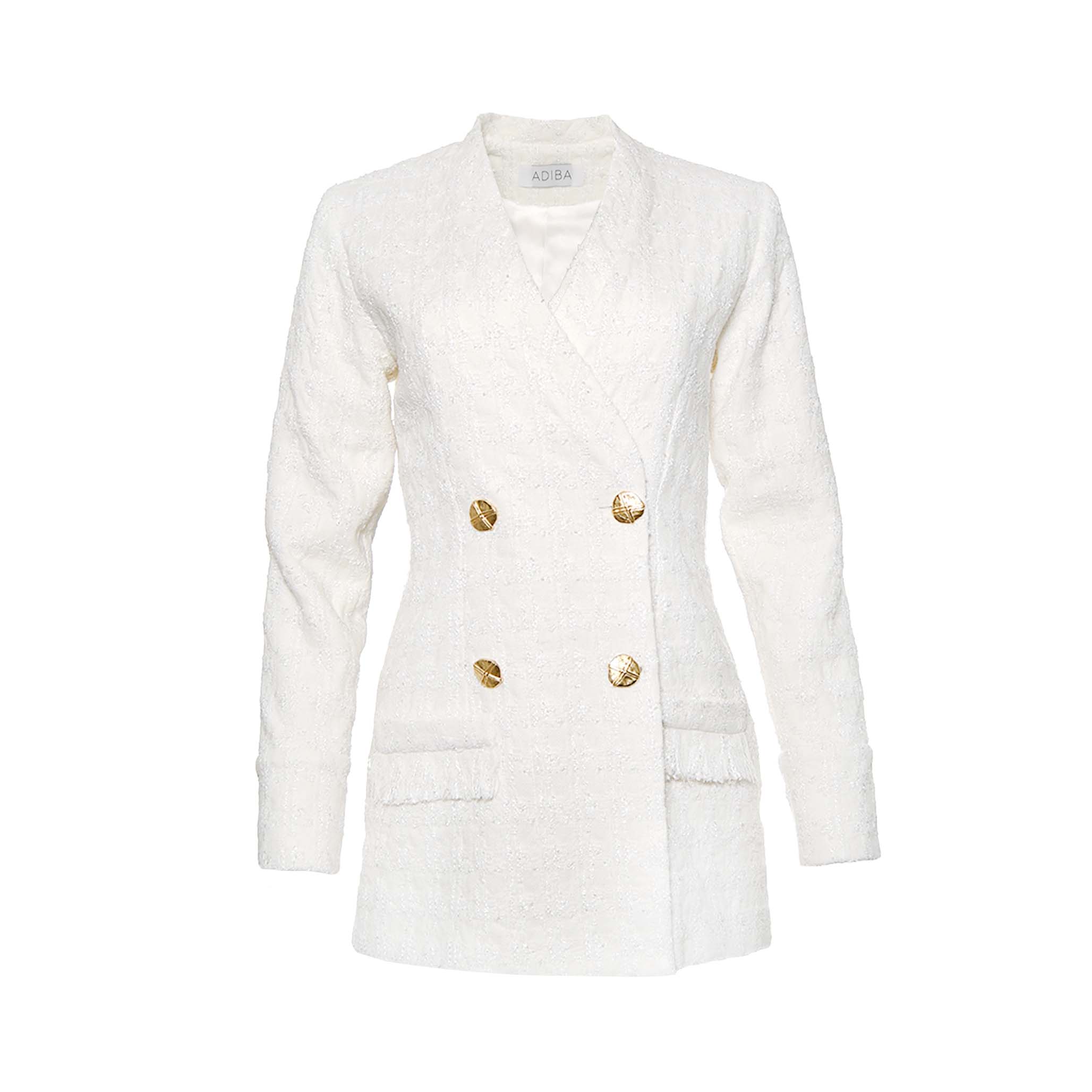 Women's Pearl White Fitted Long Blazer | Small | Adiba