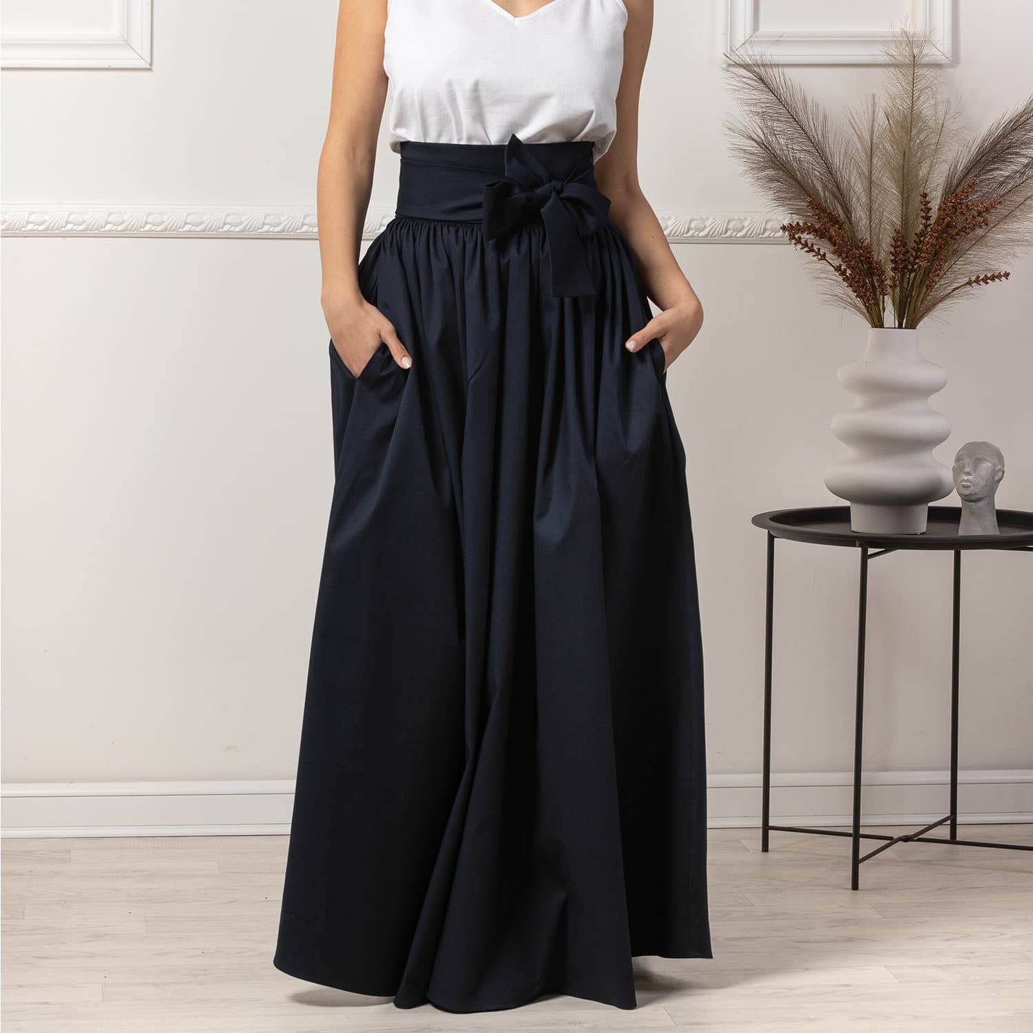 【Anyone more】Akiha Flared Long Skirt Long Flared Skirt With High Waist & Front Bow In Dark Blue