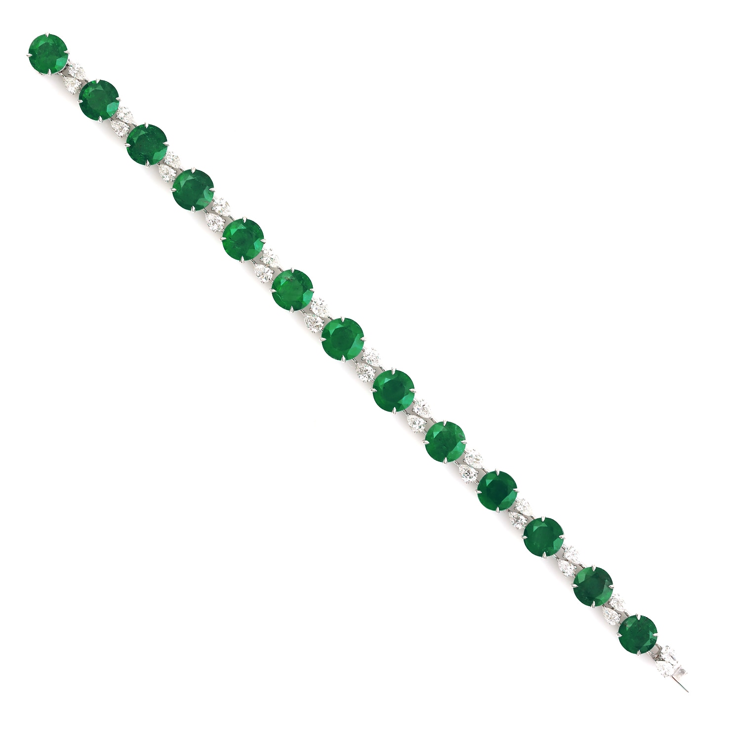 Women’s White / Green Round Emerald & Pear Cut Diamond In 18K White Gold Designer Fixed & Flexible Bracelet Artisan