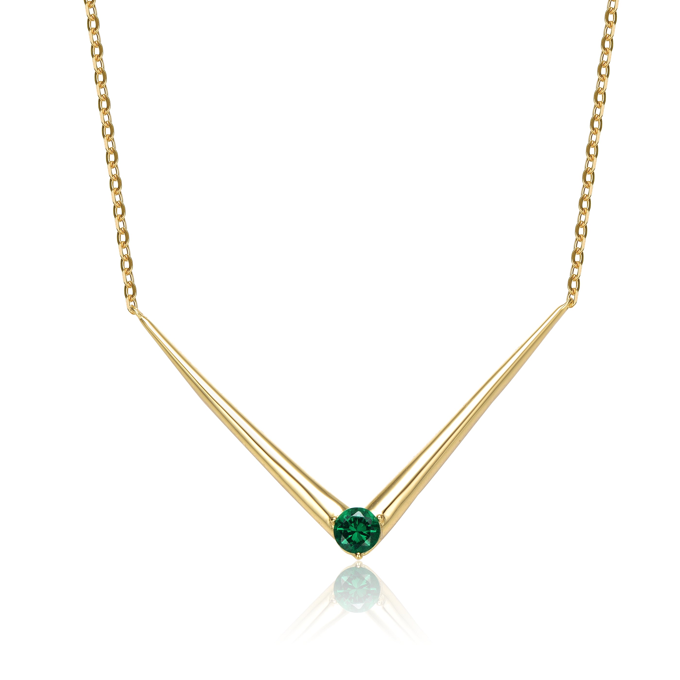 Genevive Jewelry Women's Green Yellow Gold Plated With Emerald Cubic Zirconia Solitaire Chevron Layering Necklace In In Gray