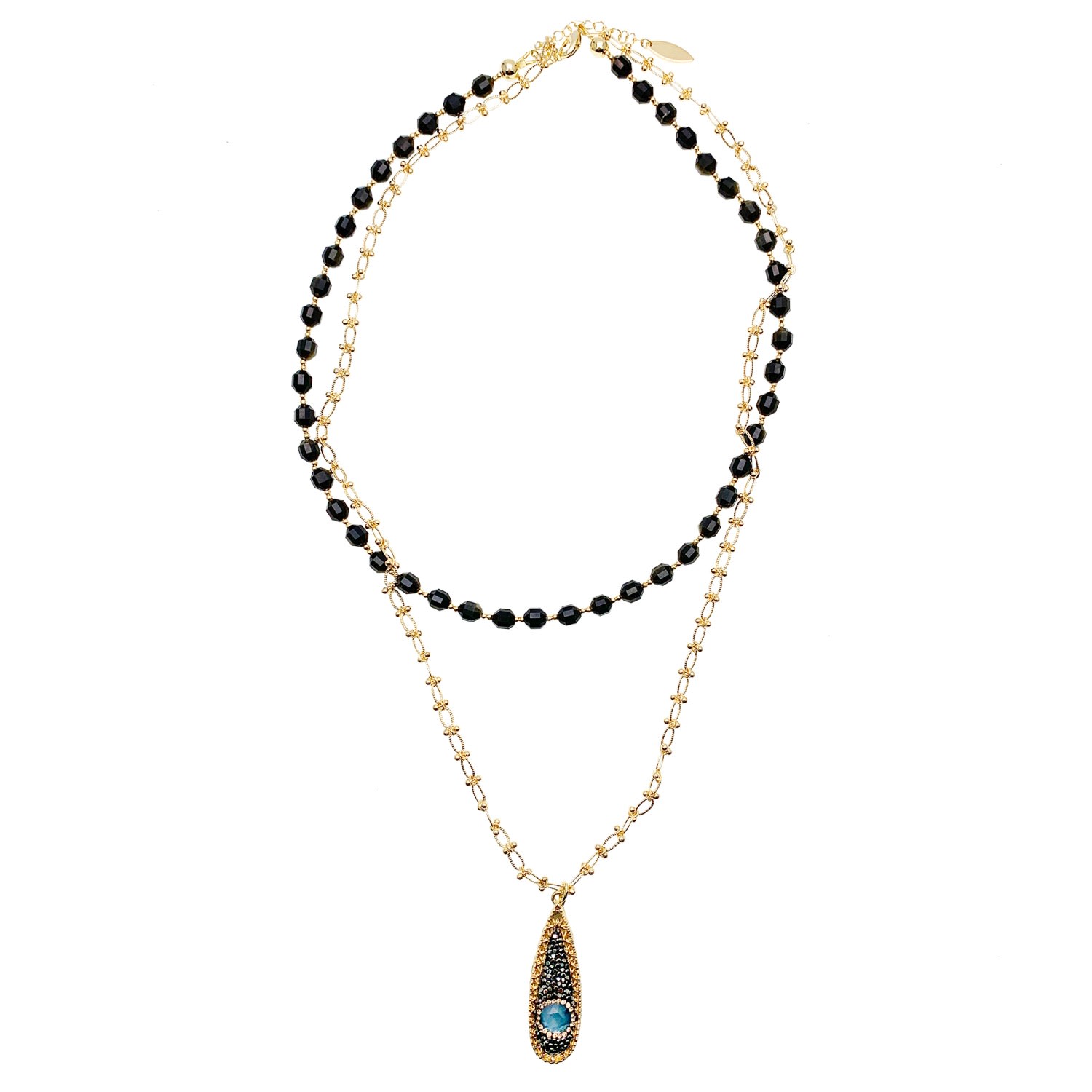Farra Women's Gold / Black Black Obsidian And Chain With Pendant Double Layers Necklace In Multi