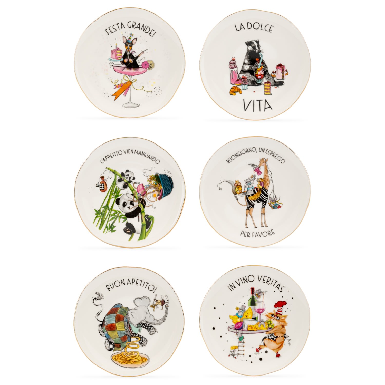 Mamma Mia Gold Decal Porcelain Plate - Set Of 6 Un Poco