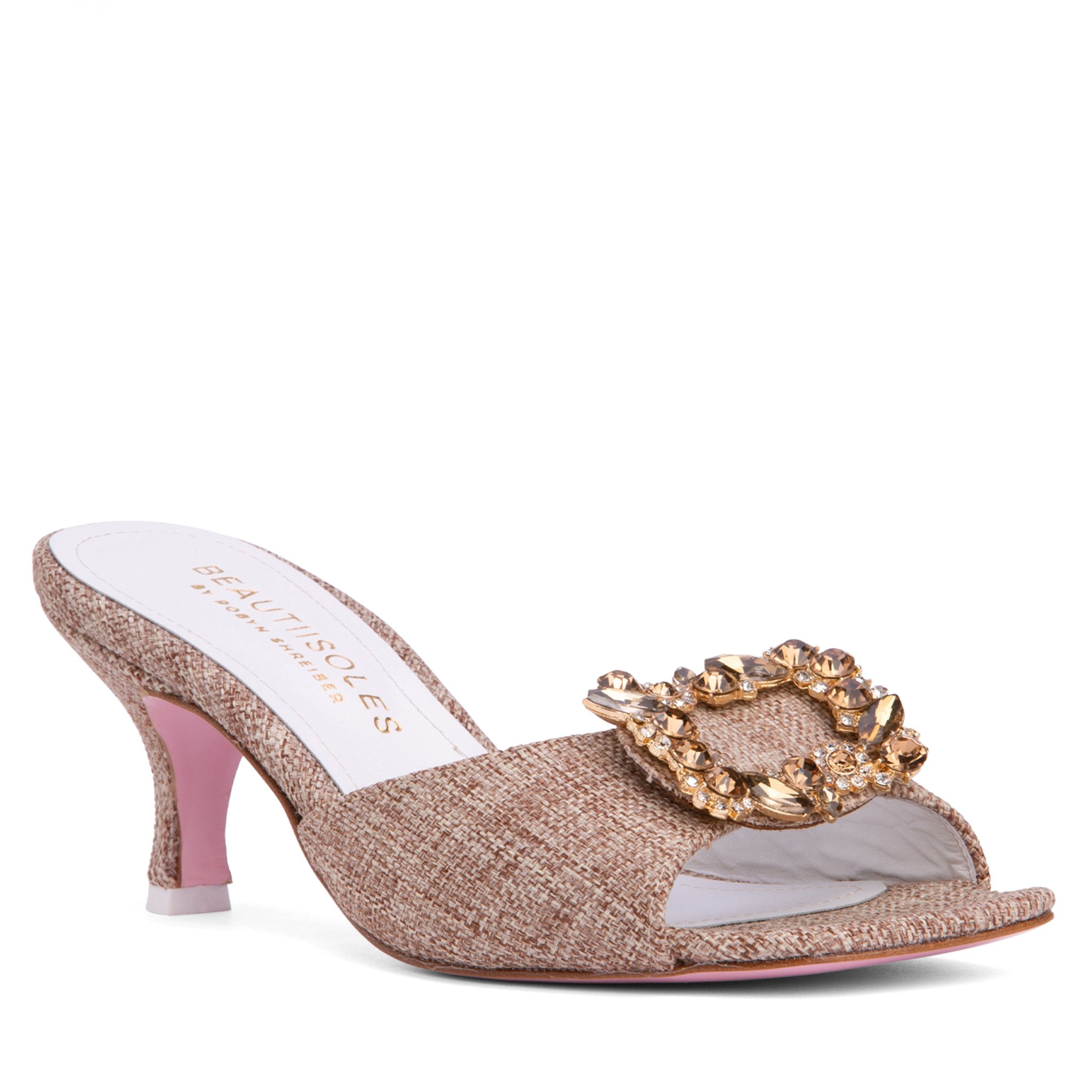 Beautiisoles By Robyn Shreiber Made In Italy Women's Neutrals / Brown Eden Brown Linen & Leather Comfortable Party Dressy Low Kitten Heel Jeweled In Brown