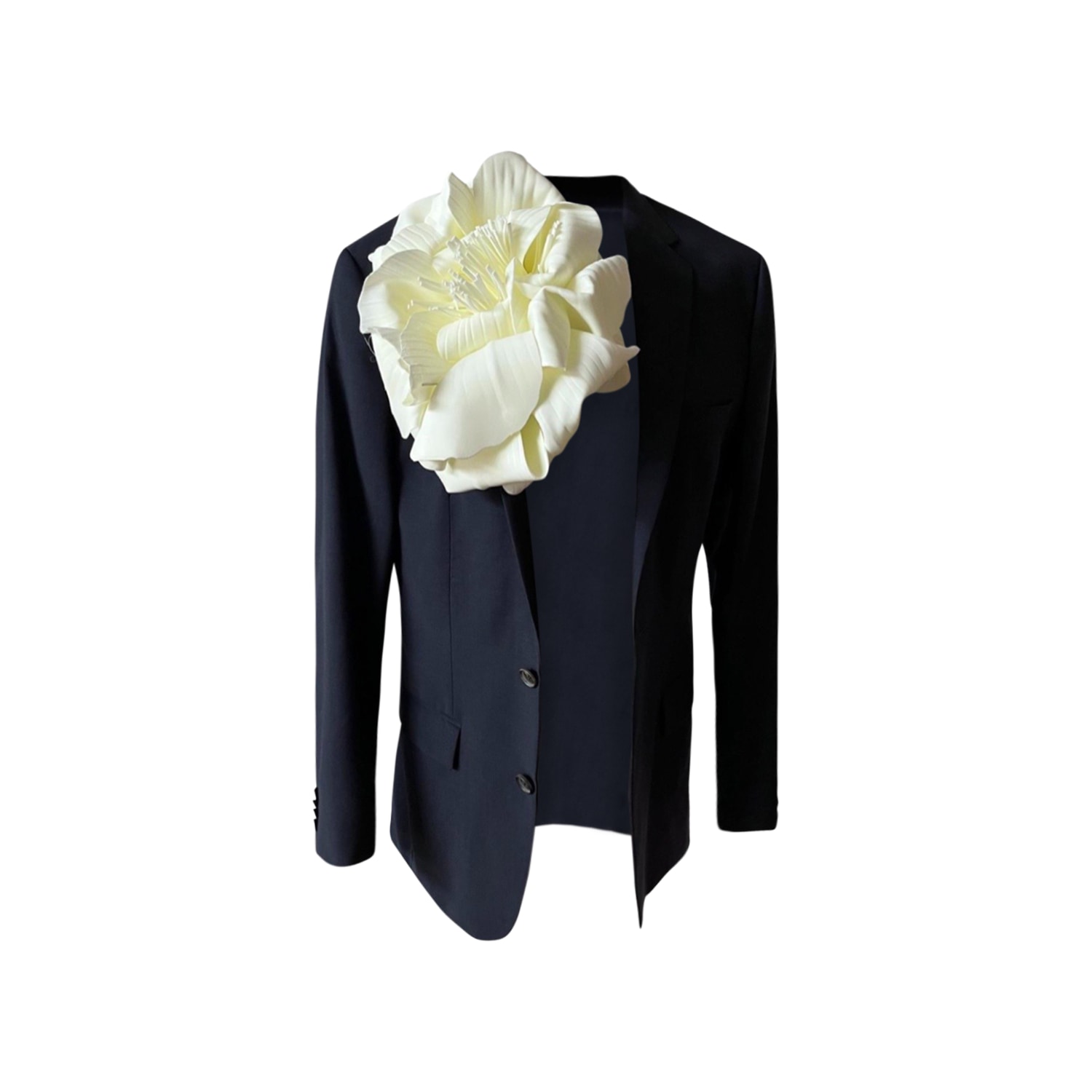 Women’s Blue Navy Oversize Reworked Blazer With Big White Flower Pin M/L London Atelier Byproduct