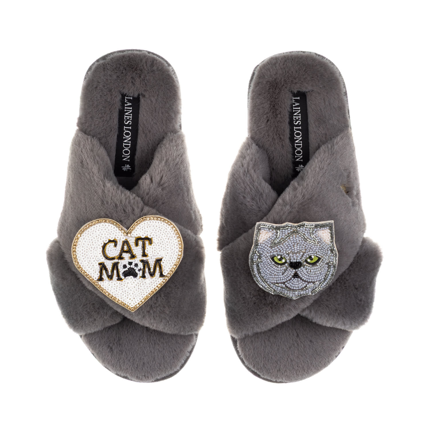 Laines London Women's Classic Laines Slippers With Cat Mum/mom & Grey Persian Cat Brooches - Grey In Gray