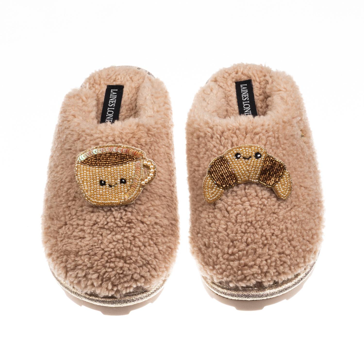 Laines London Women's Brown / Neutrals Teddy Closed Toe Slippers With Laines Lovables Coffee & Croissant Brooches  In Brown