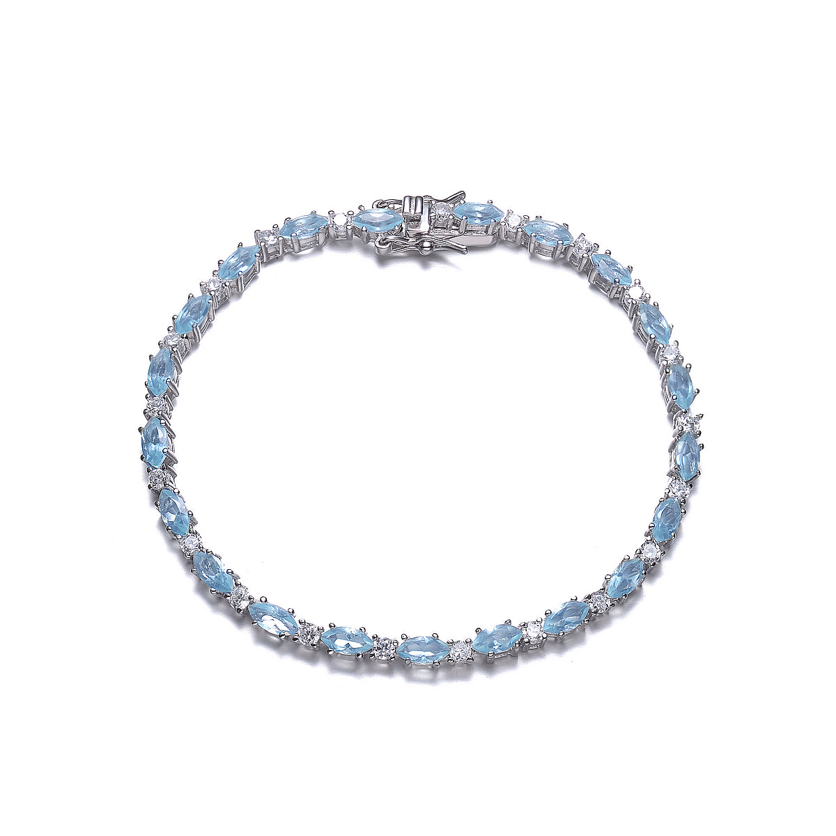 Genevive Jewelry Women's Blue / White Sterling Silver Light Blue Cubic Zirconia Oval Tennis Style Bracelet In Multi