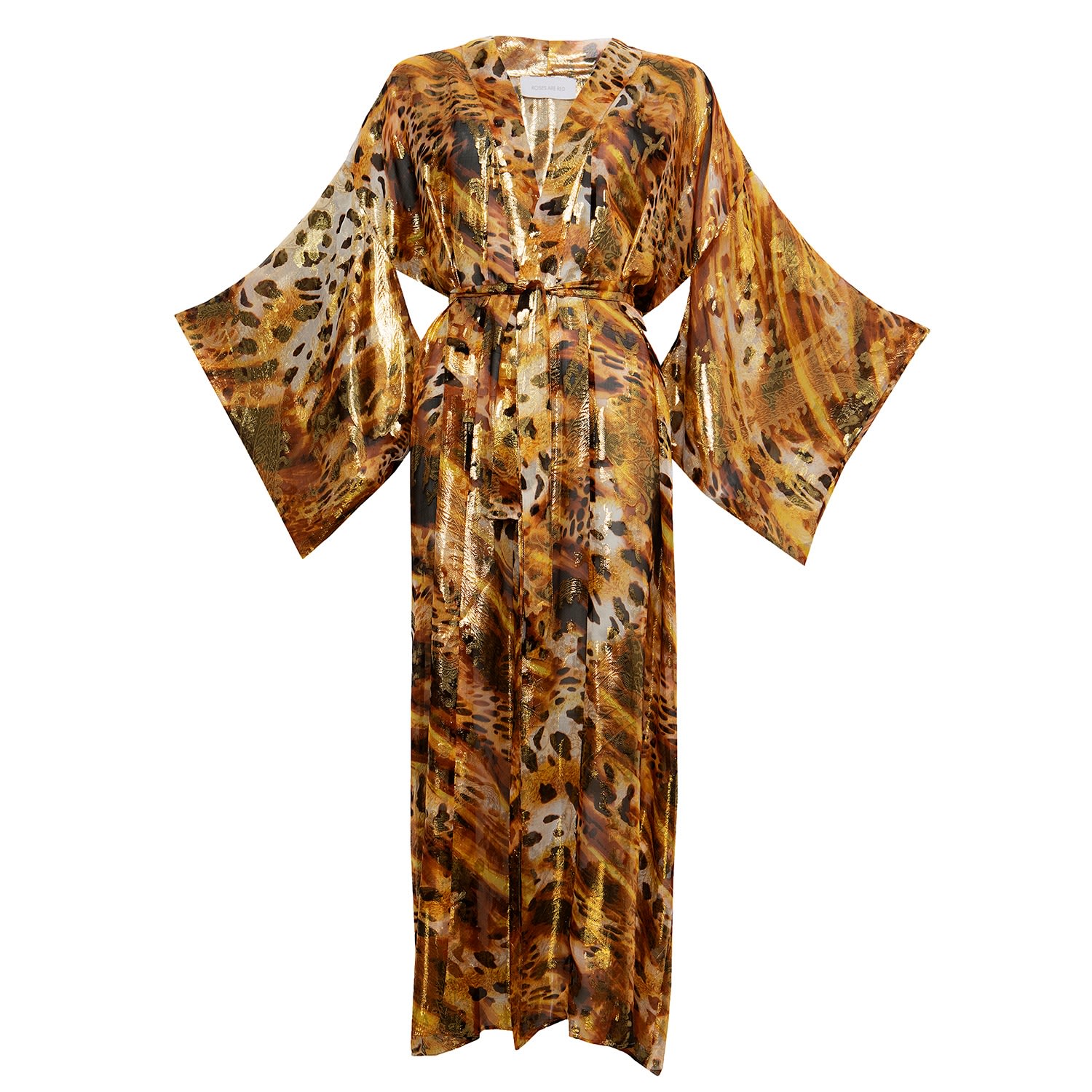 Women’s Gold / Yellow / Orange Silk Kimono In Gold Roses are Red