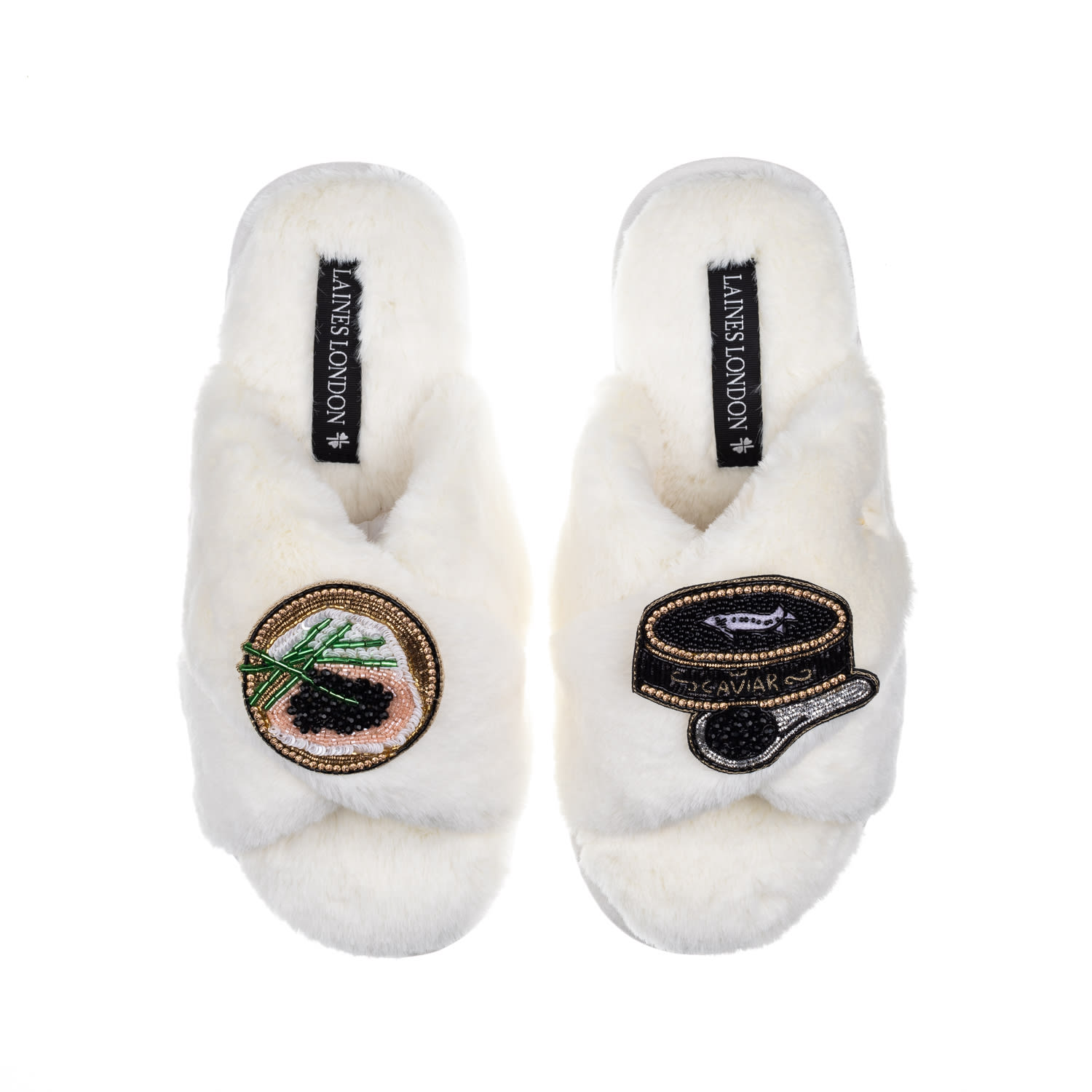 Laines London Women's White Classic Laines Slippers With Caviar & Blini Brooches - Cream In White