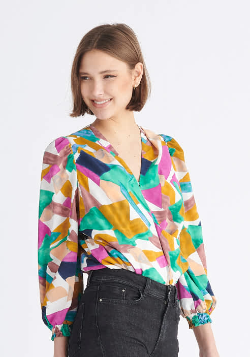 Geometrical Print Wrap Blouse by PAISIE