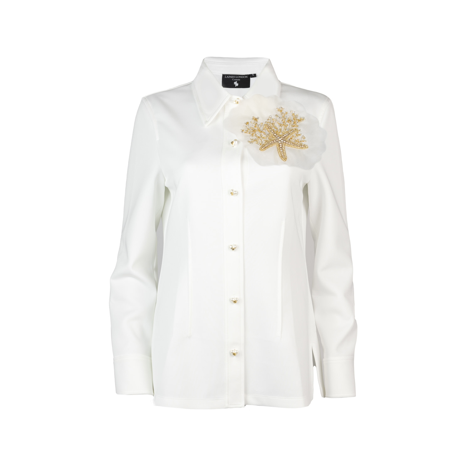 Laines London Women's White Laines Couture Shirt With Embellished Cream & Gold Shell In White