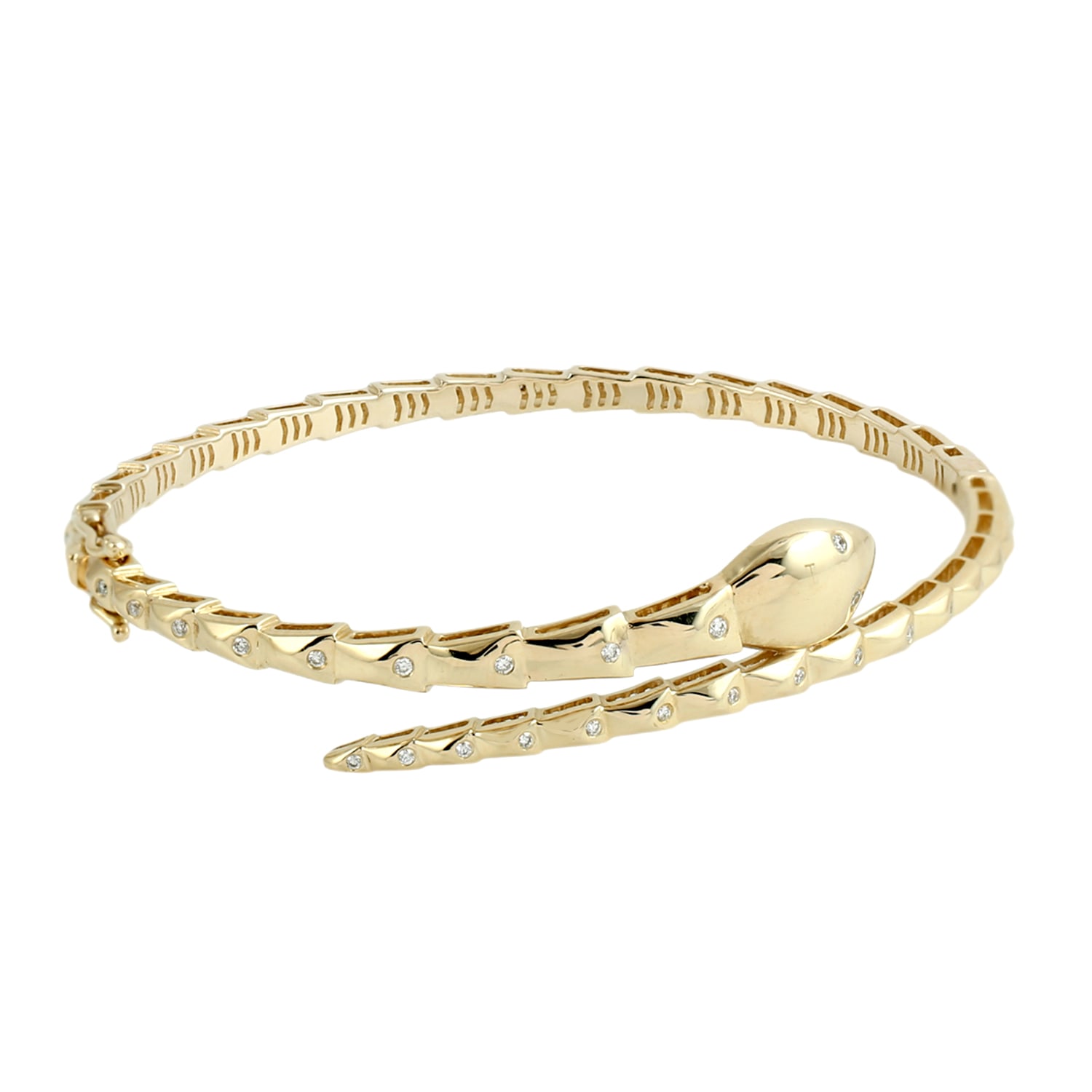 Artisan Women's Gold / White Natural Diamond Carved Snake Bangle In Yellow Gold