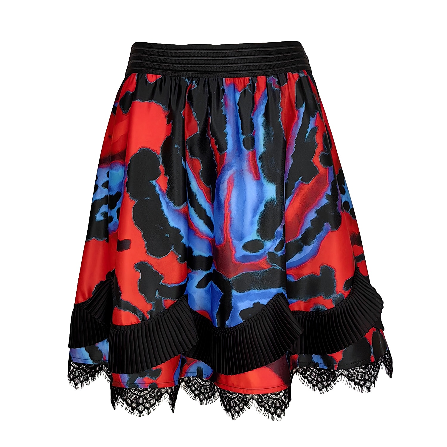 Lalipop Design Women's Flared Circle Skirt With Pleated Chiffon & Lace Trim Details In Black