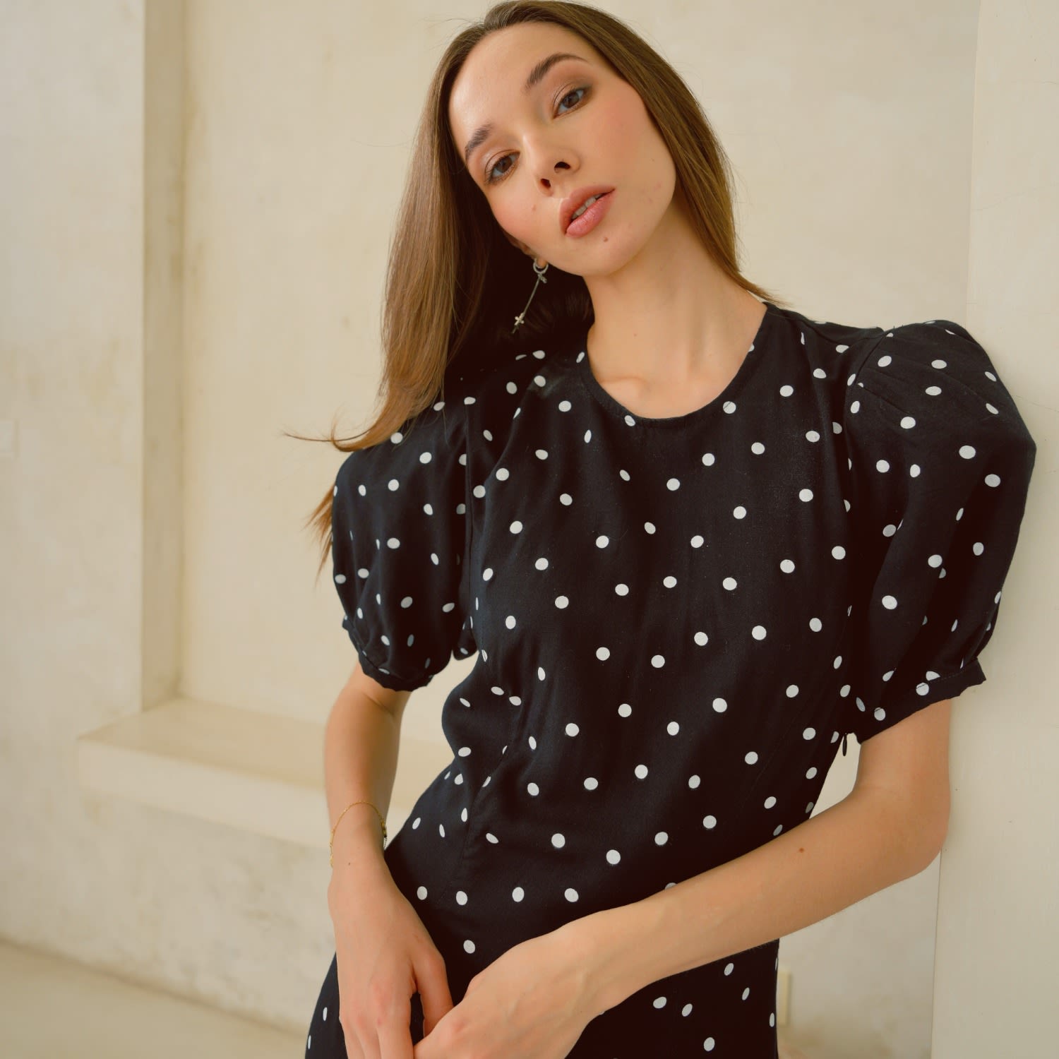 black polka dot dress with puff sleeves Poppy Puffy Sleeves Polka Dots Maxi Dress in Black – Pink Haley main image 0