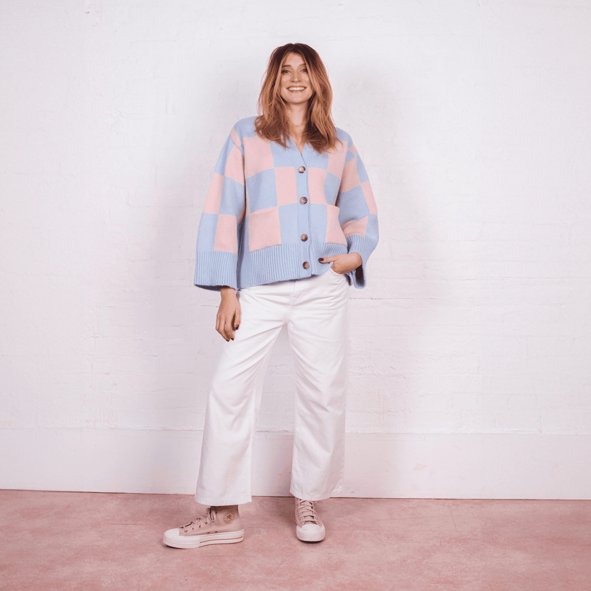 Candice Checked Wide Sleeve Cardigan - Pink & Blue | Cara & The