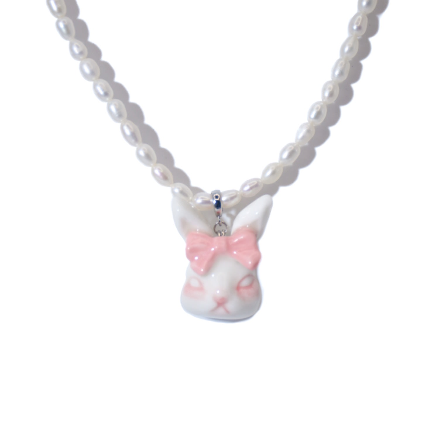 H2 Studio Women's White / Pink / Purple Grumpy Bunny Pinky Bow Tie Freshwater Pearl Necklace