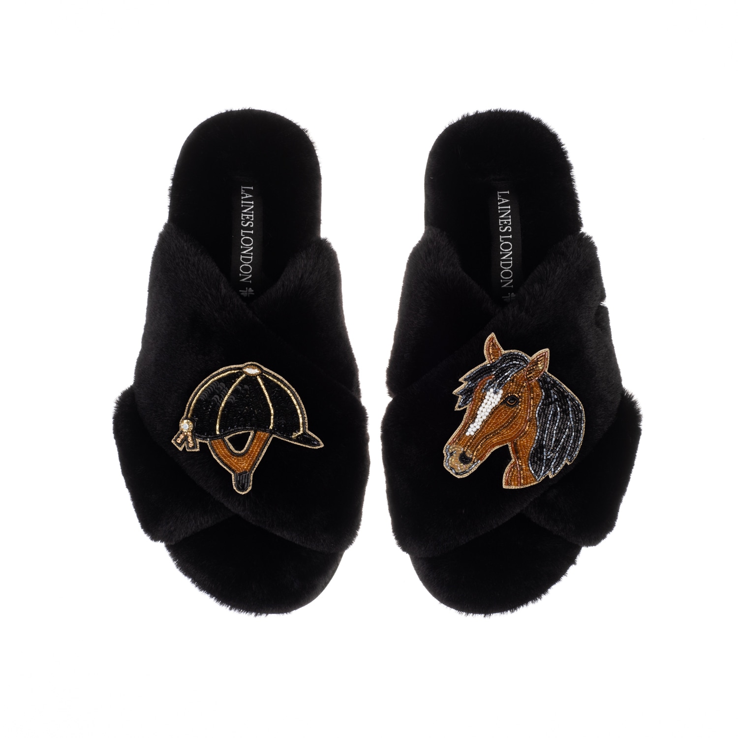 Laines London Women's Classic Laines Slippers With Riding Hat & Horse Brooches - Black In Black