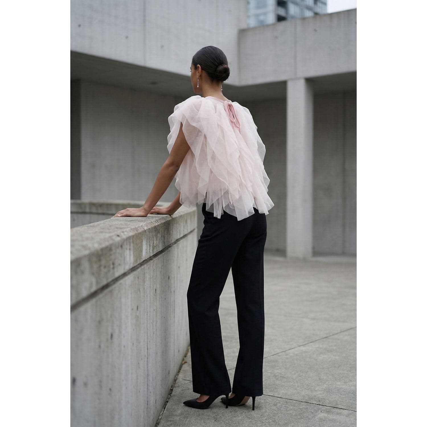 Sheer Tulle Blouse With Cascading Ruffles | Modenaire | Wolf & Badger