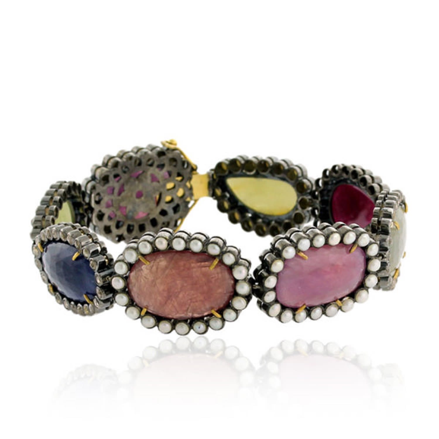 Women’s Multi Sapphire & Ruby With Pearl Pave Diamond In 18K Gold 925 Silver Fixed And Flexible Bracelet Artisan