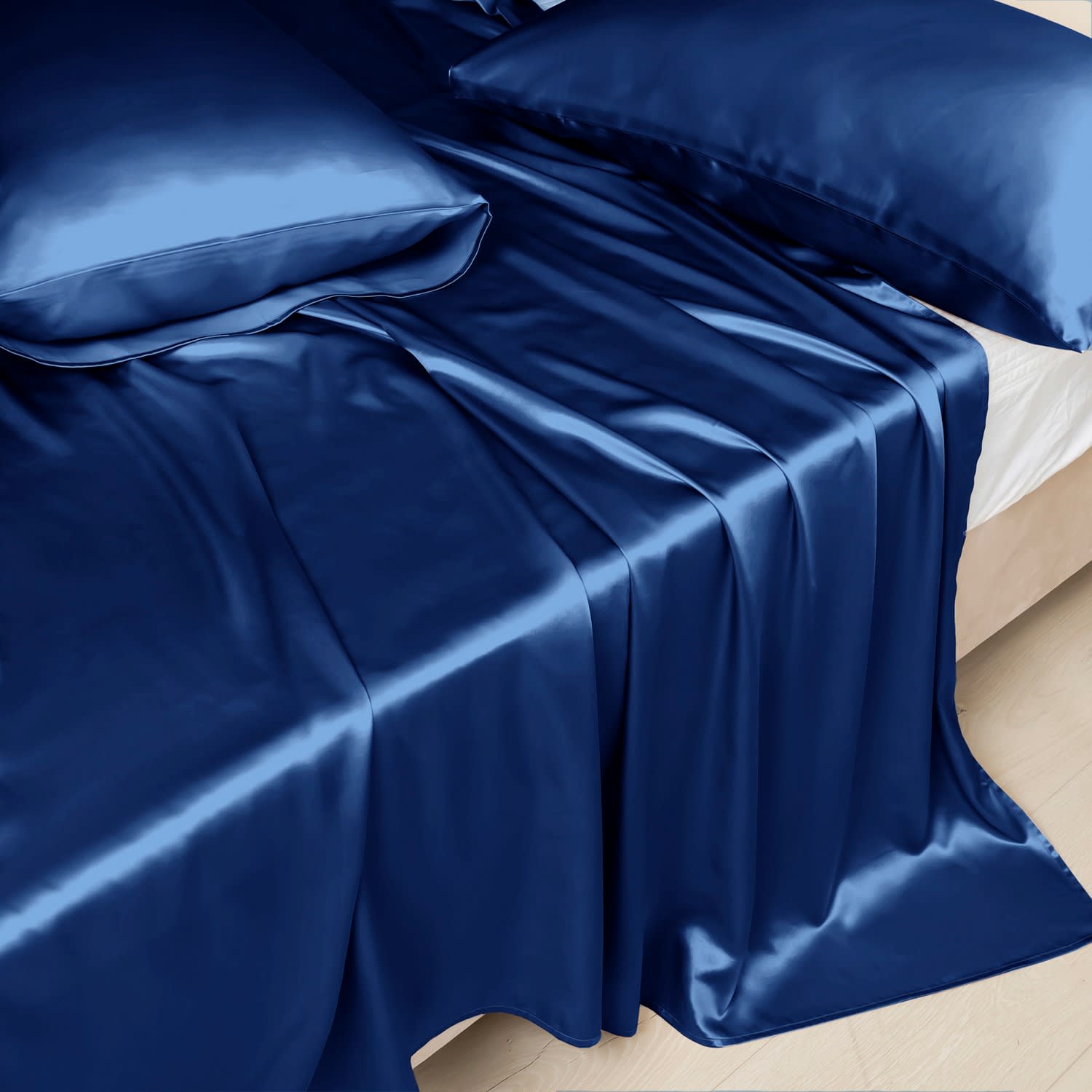 Pure Mulberry Silk Seamless - Four-Piece Sheet Set - Queen Size - Navy |  Soft Strokes Silk | Wolf \u0026 Badger, image size:1500x1500